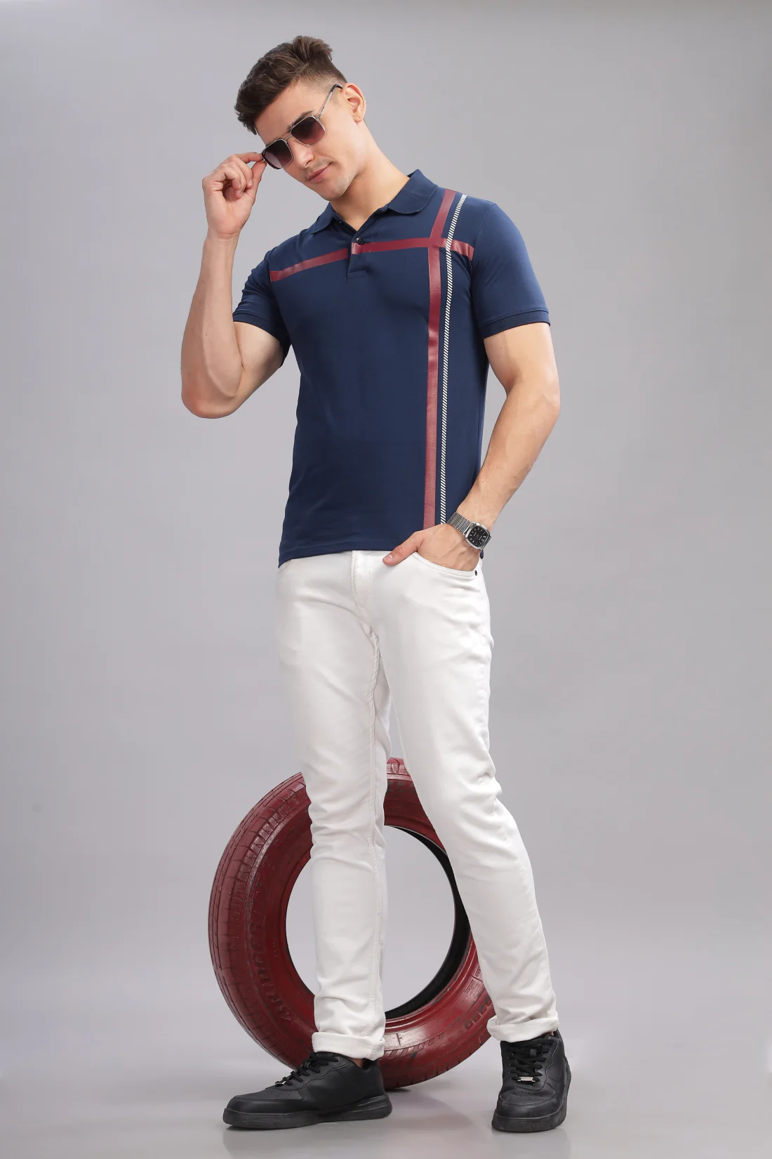Men Navy Blue Regular Fit Polo T-Shirt - Image 5
