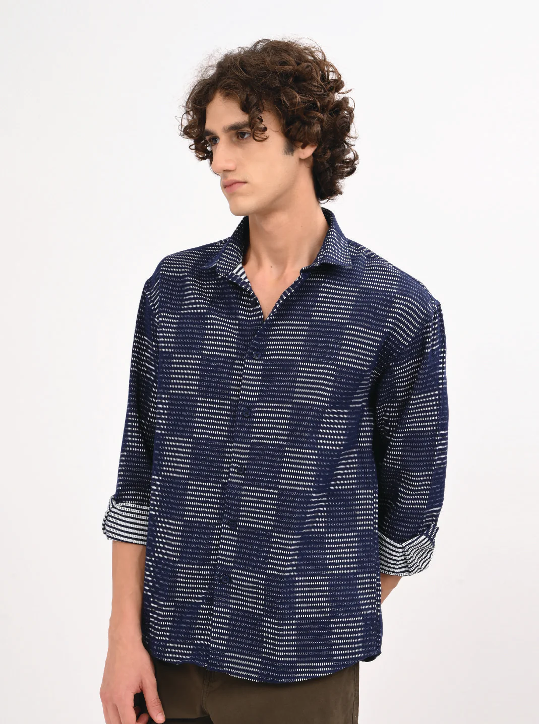Men Navy Blue Self Jacquard Shirt - Image 2
