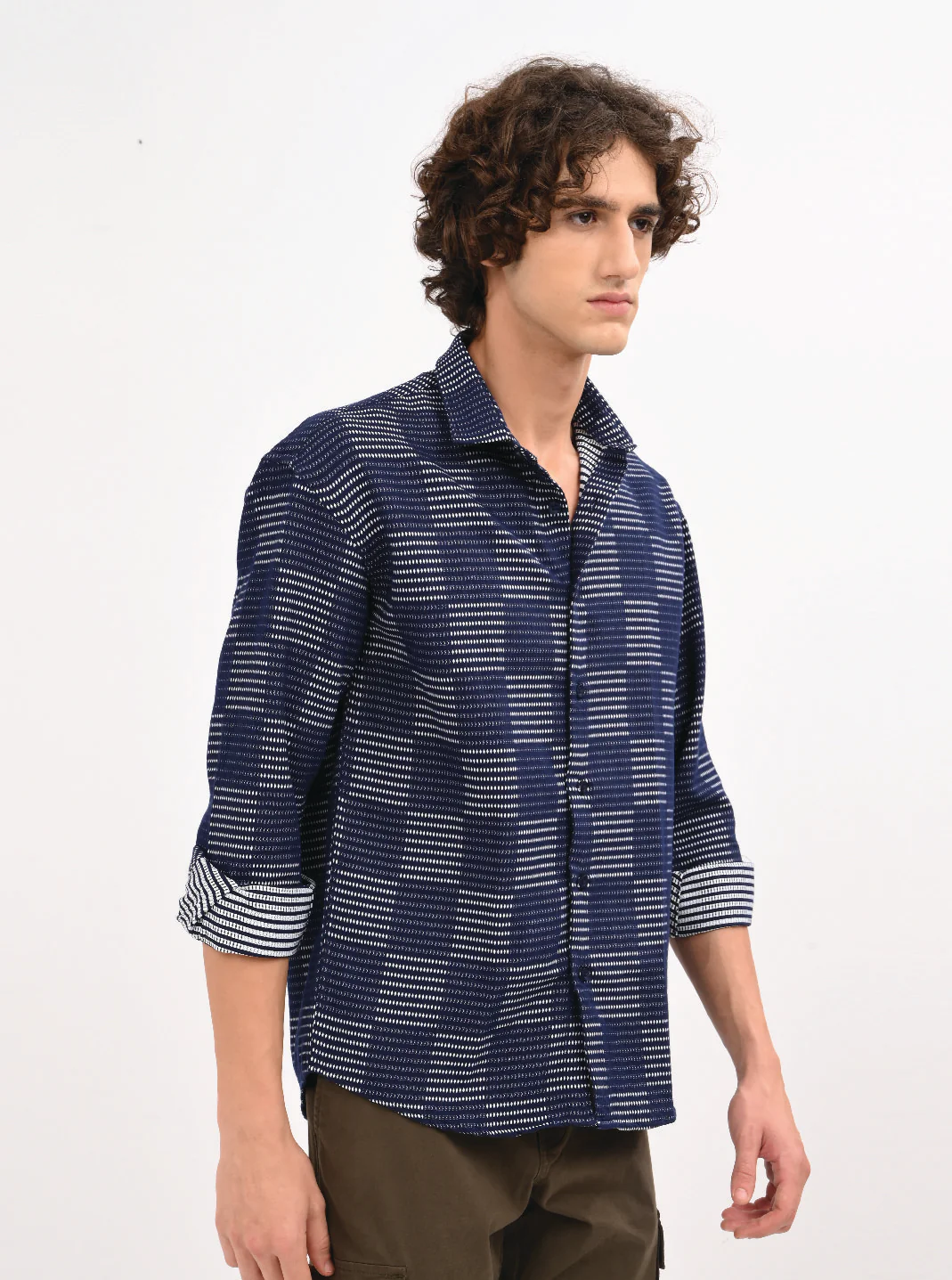 Men Navy Blue Self Jacquard Shirt - Image 3