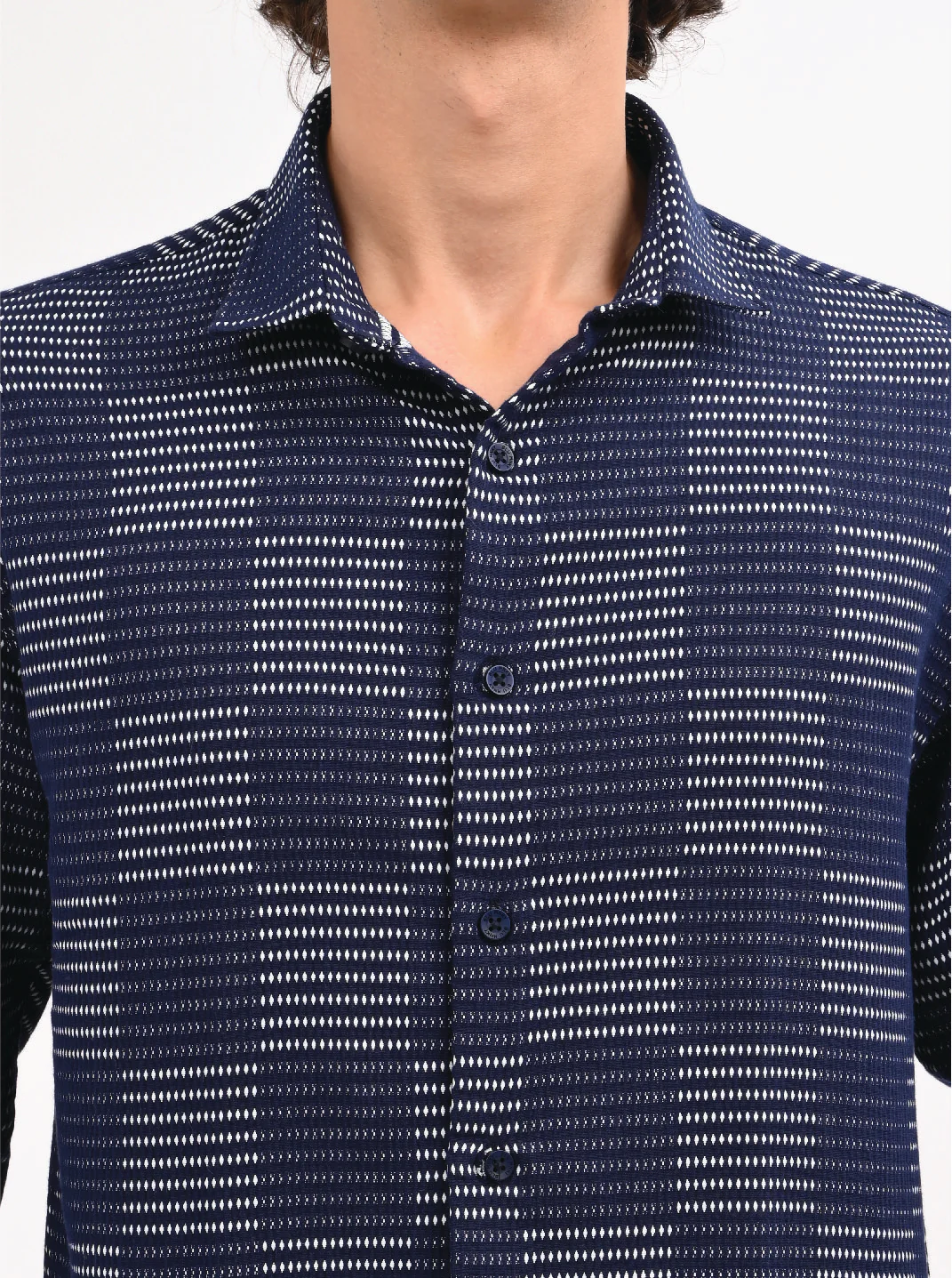 Men Navy Blue Self Jacquard Shirt - Image 4
