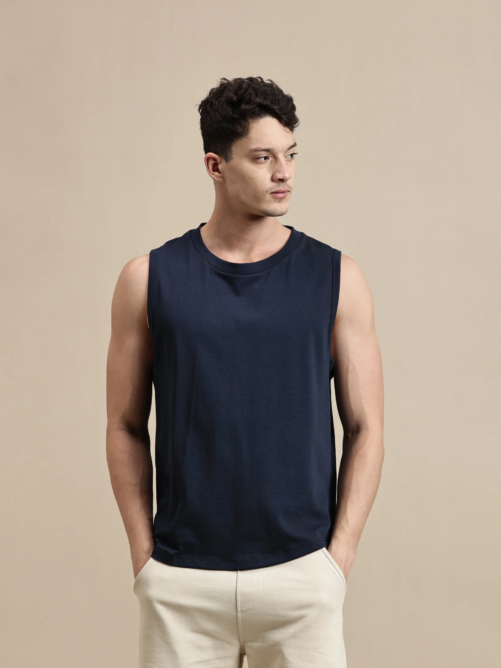 Men Navy Blue Sleeveless T-Shirt - Image 5