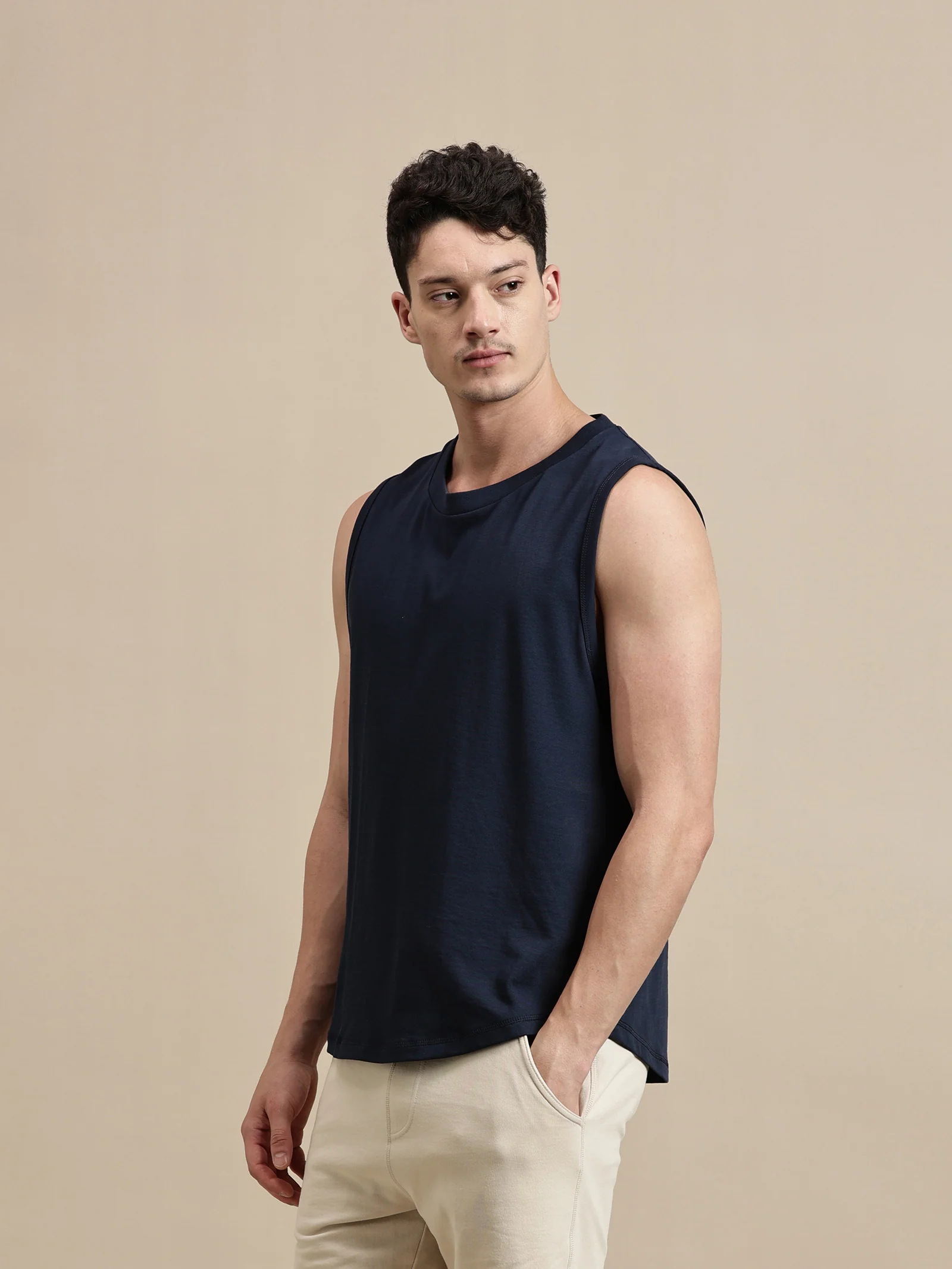 Men Navy Blue Sleeveless T-Shirt - Image 6