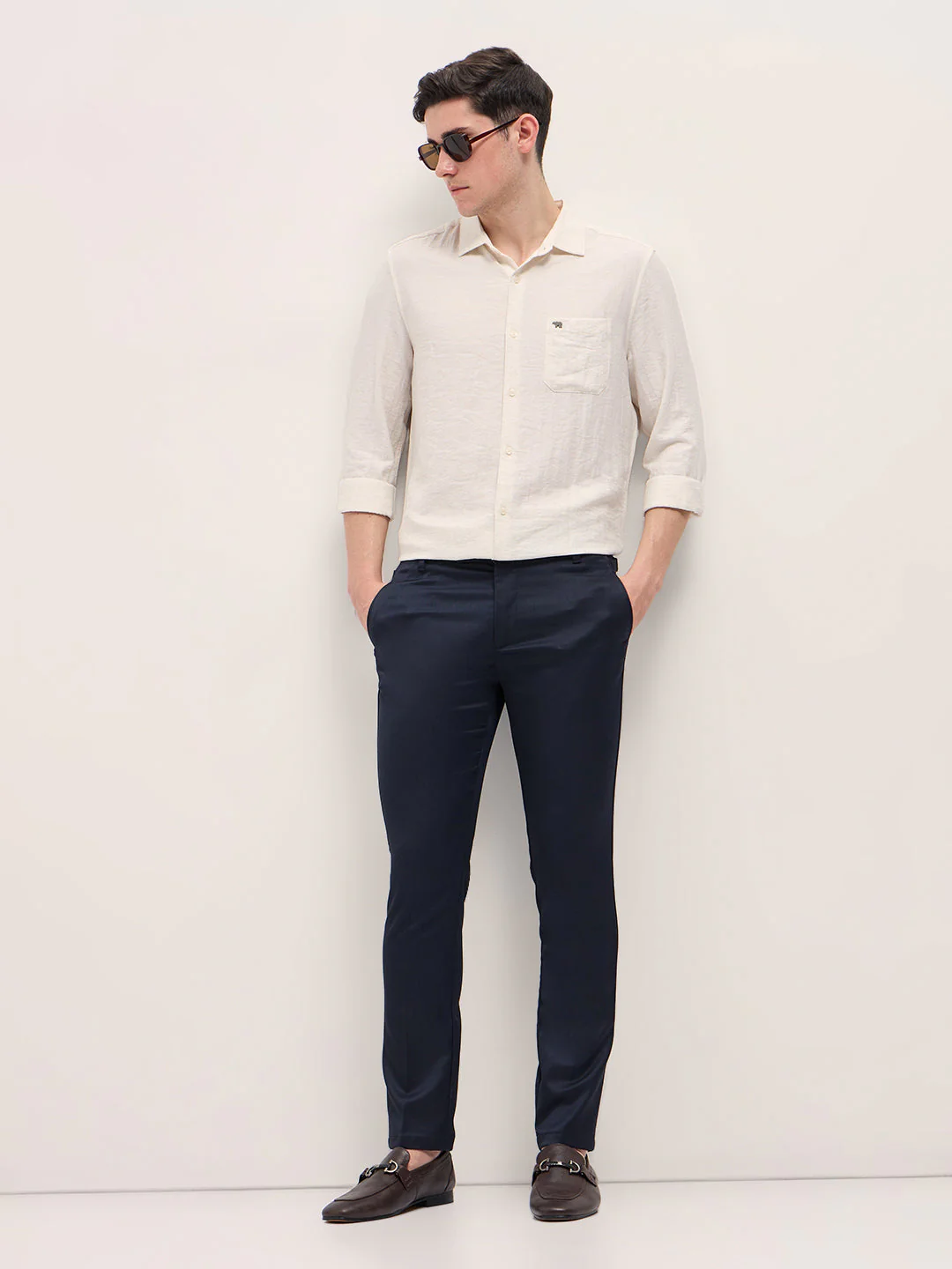 Men Navy Blue Slim Fit Formal Trouser - Image 4