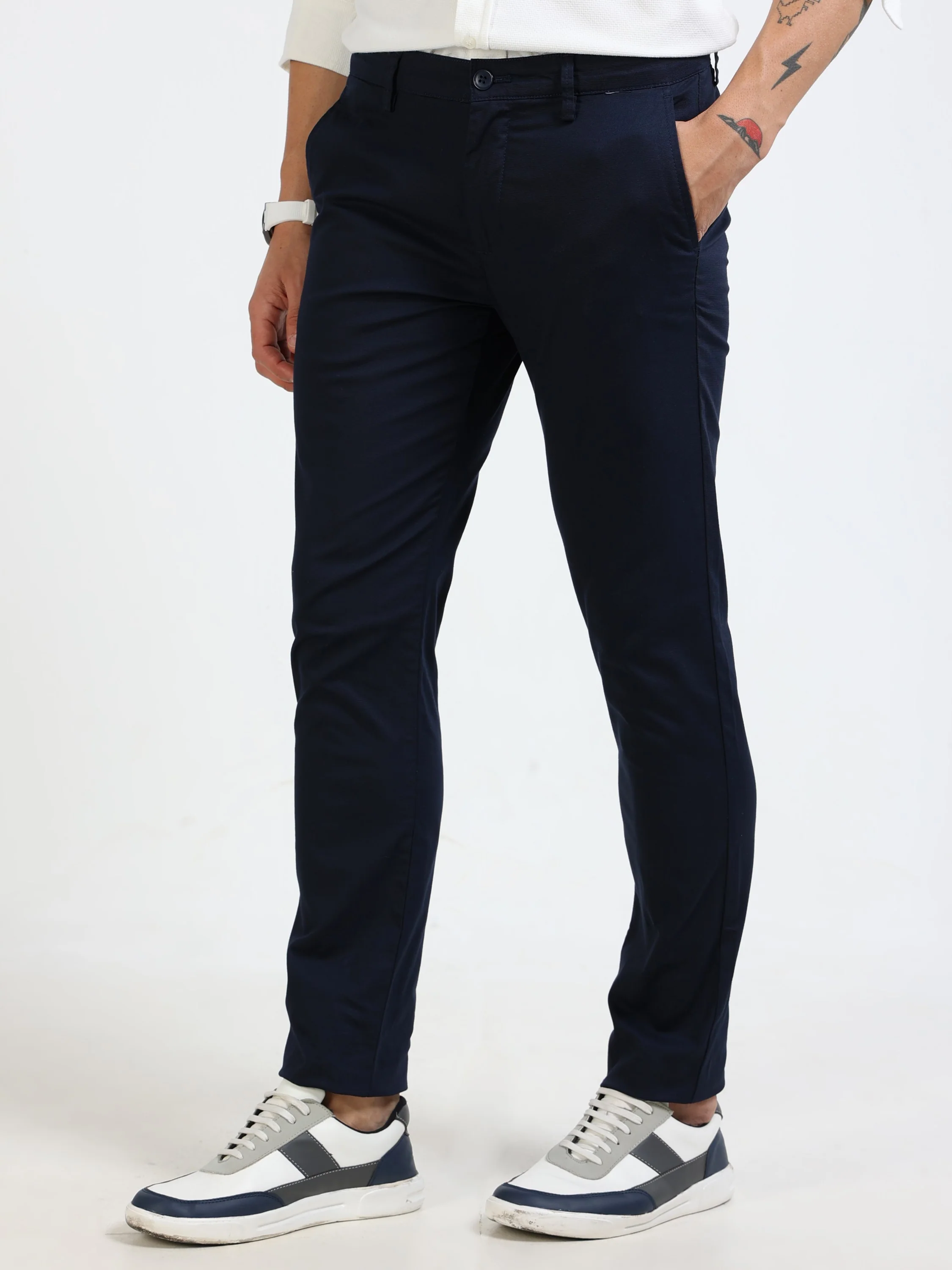 Men Navy Blue Slim Fit Pant - Image 3