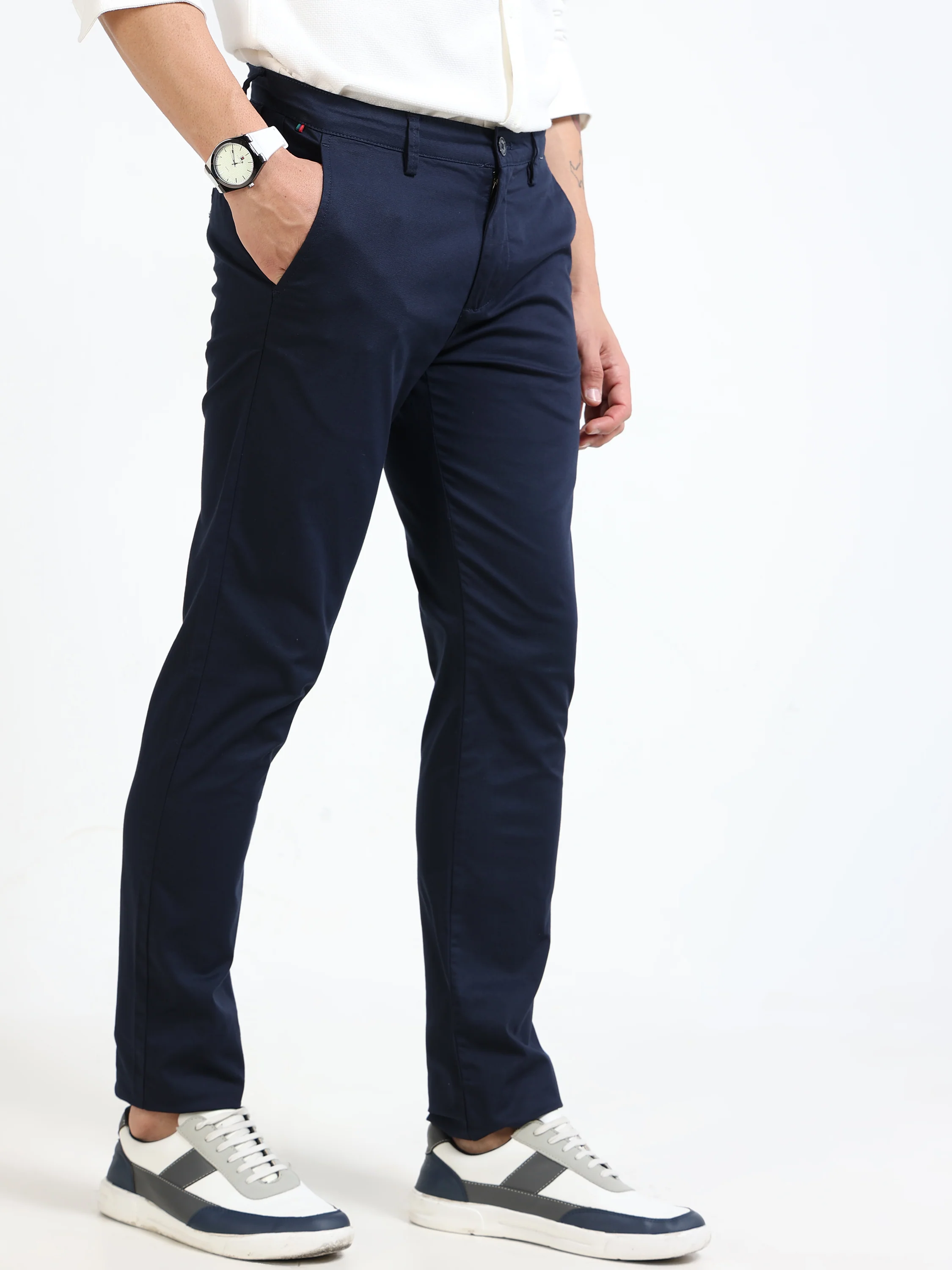 Men Navy Blue Slim Fit Pant - Image 4