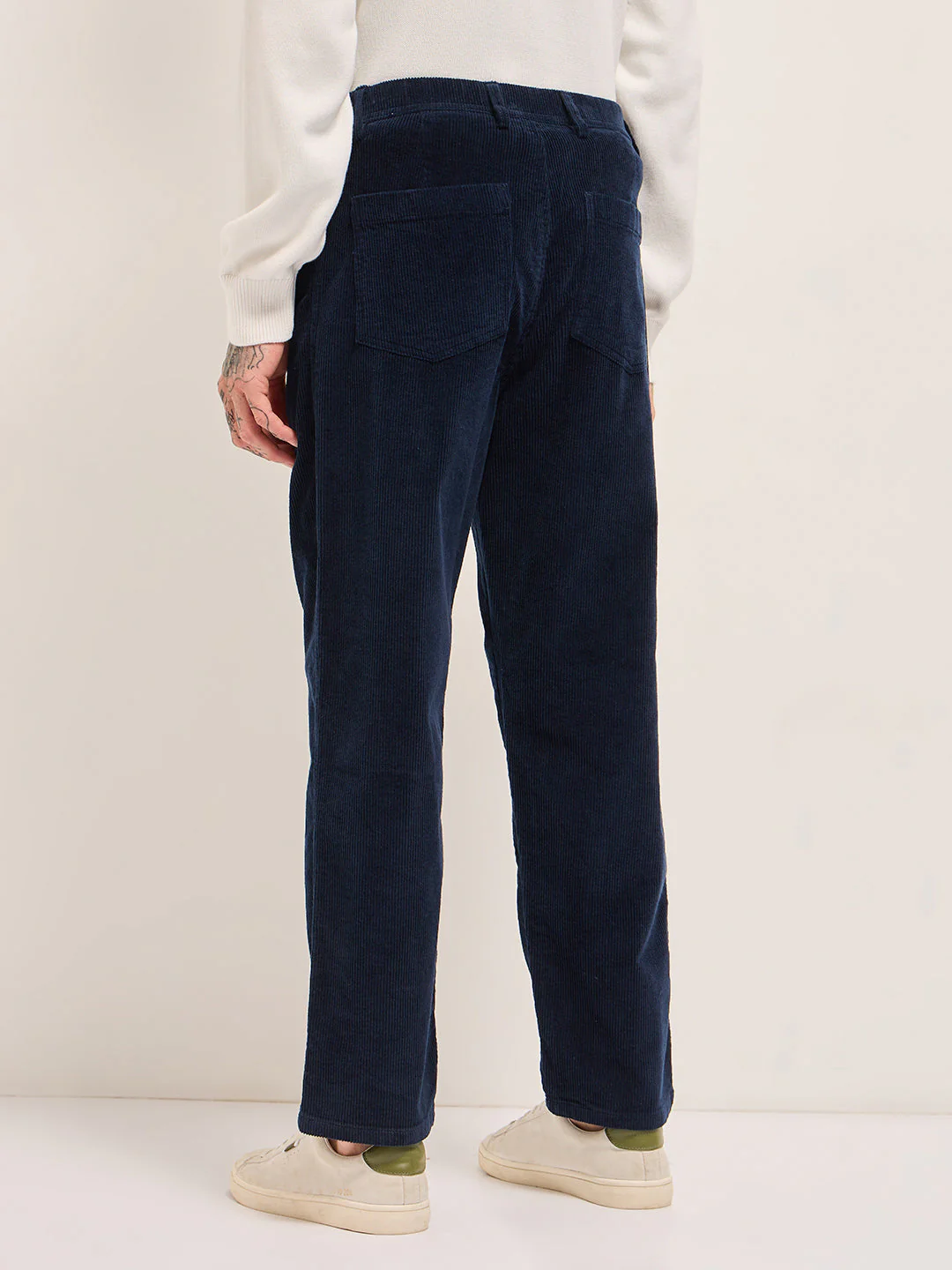 Men Navy Blue Solid Baggy Fit Corduroy Cotton Pant - Image 2