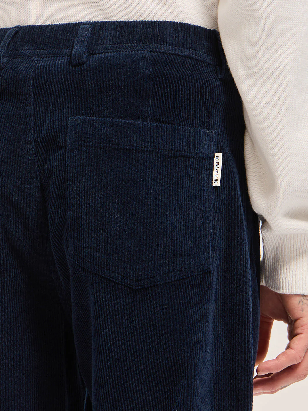 Men Navy Blue Solid Baggy Fit Corduroy Cotton Pant - Image 6