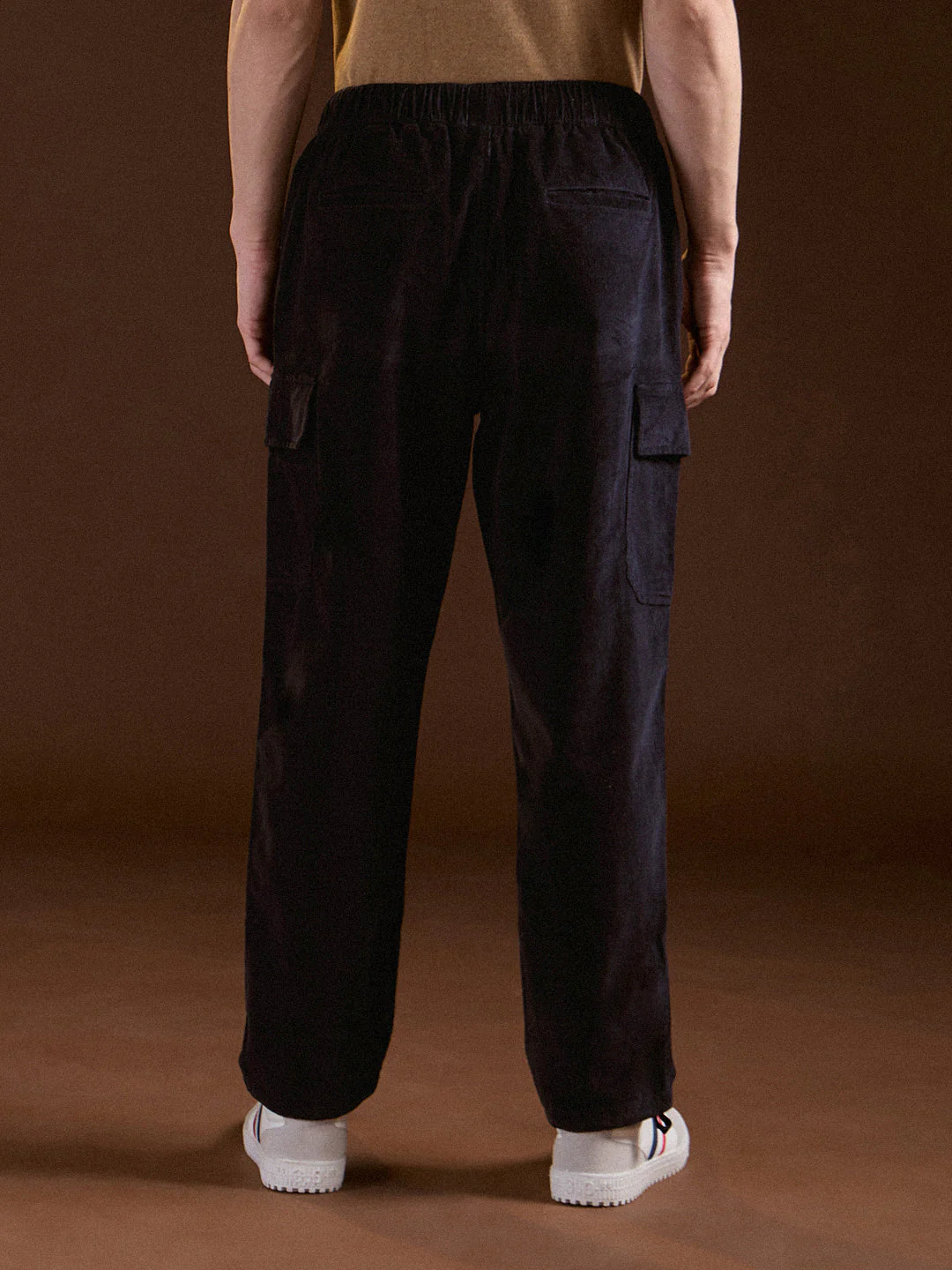 Men Navy Blue Solid Baggy Fit Stylish Corduroy Cargo Pant - Image 2