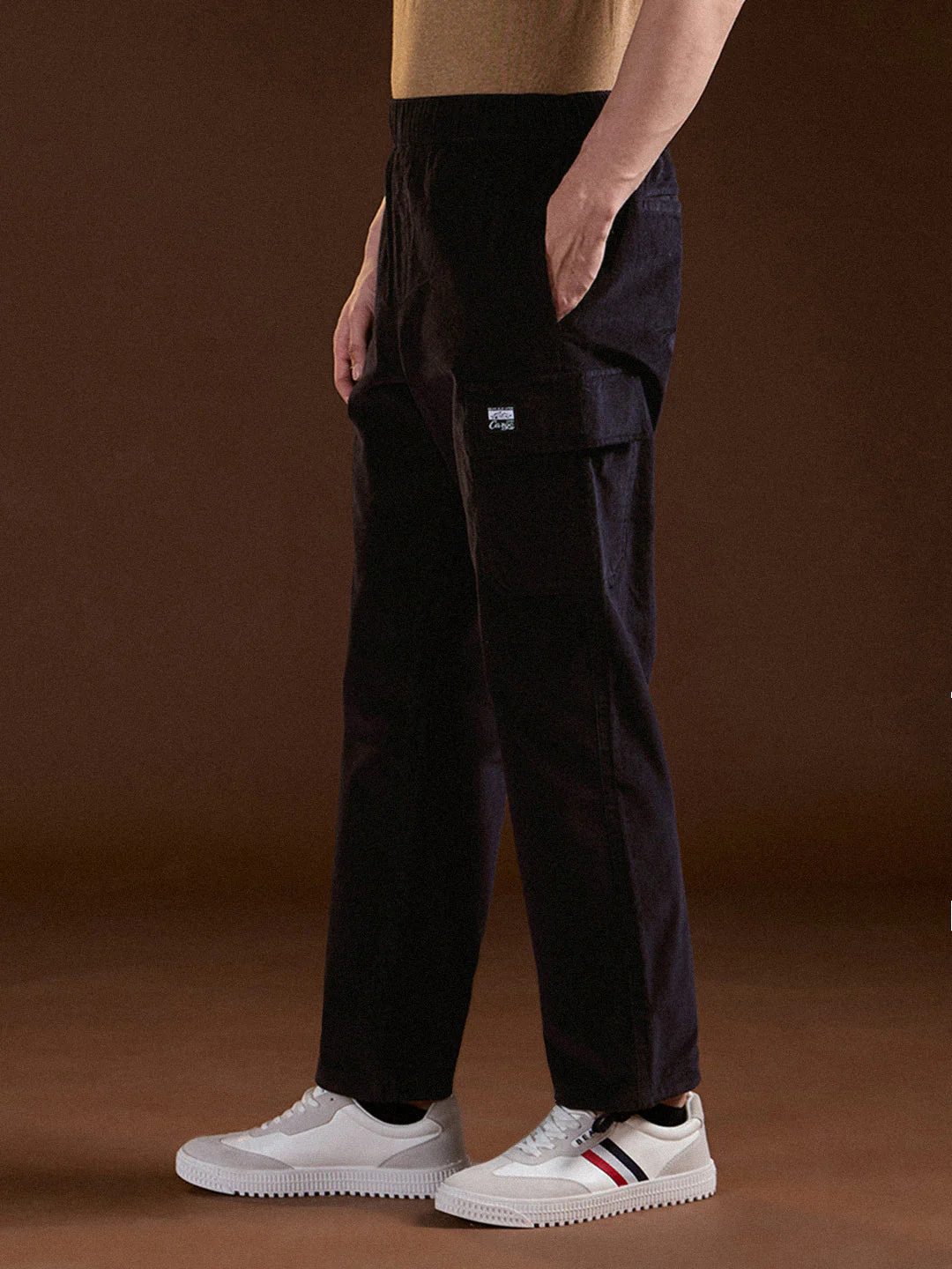Men Navy Blue Solid Baggy Fit Stylish Corduroy Cargo Pant - Image 3