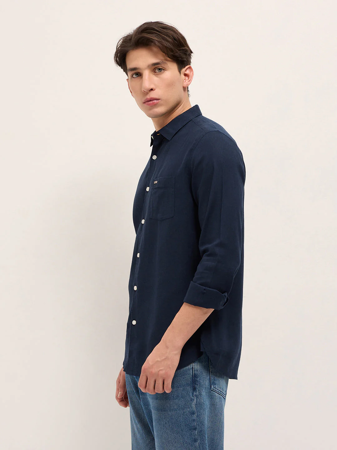 Men Navy Blue Solid Lyocell Slim Fit Casual Shirt - Image 3