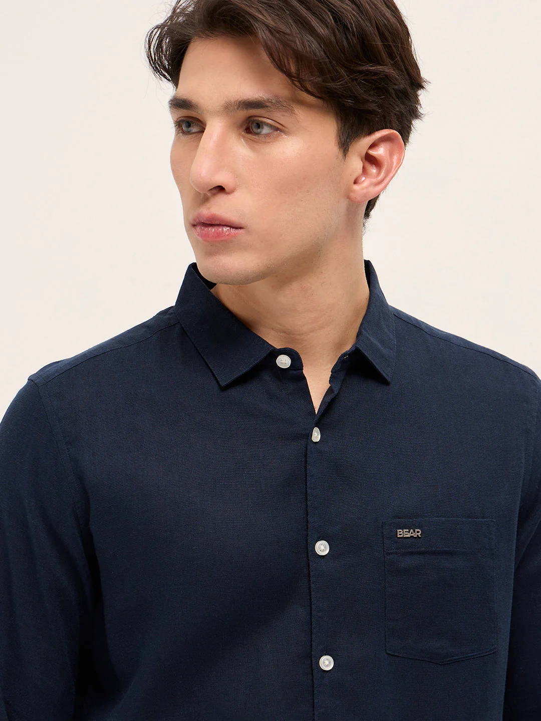 Men Navy Blue Solid Lyocell Slim Fit Casual Shirt - Image 5