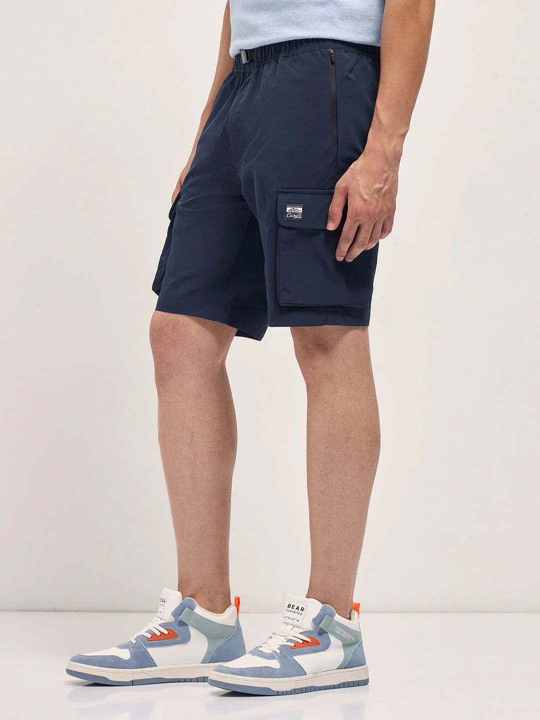 Men Navy Blue Solid Nylon Cargo Shorts - Image 3