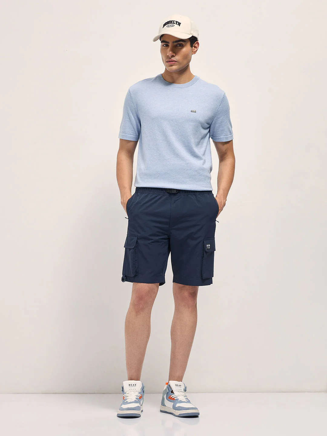 Men Navy Blue Solid Nylon Cargo Shorts - Image 4