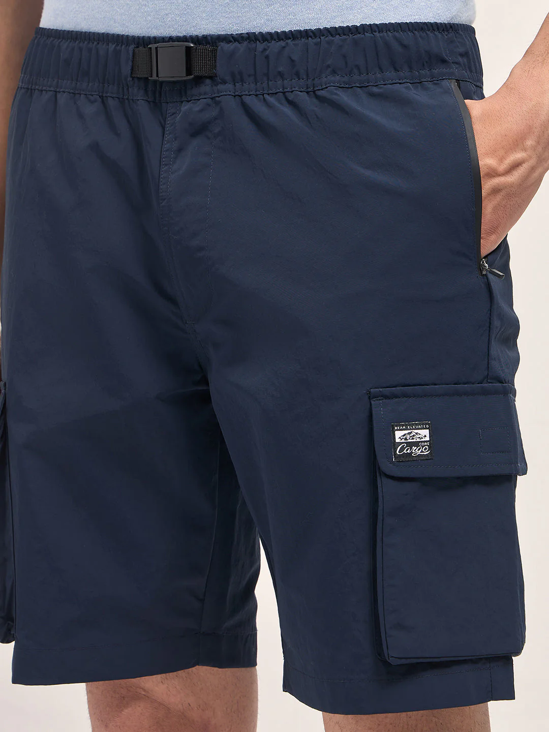 Men Navy Blue Solid Nylon Cargo Shorts - Image 5