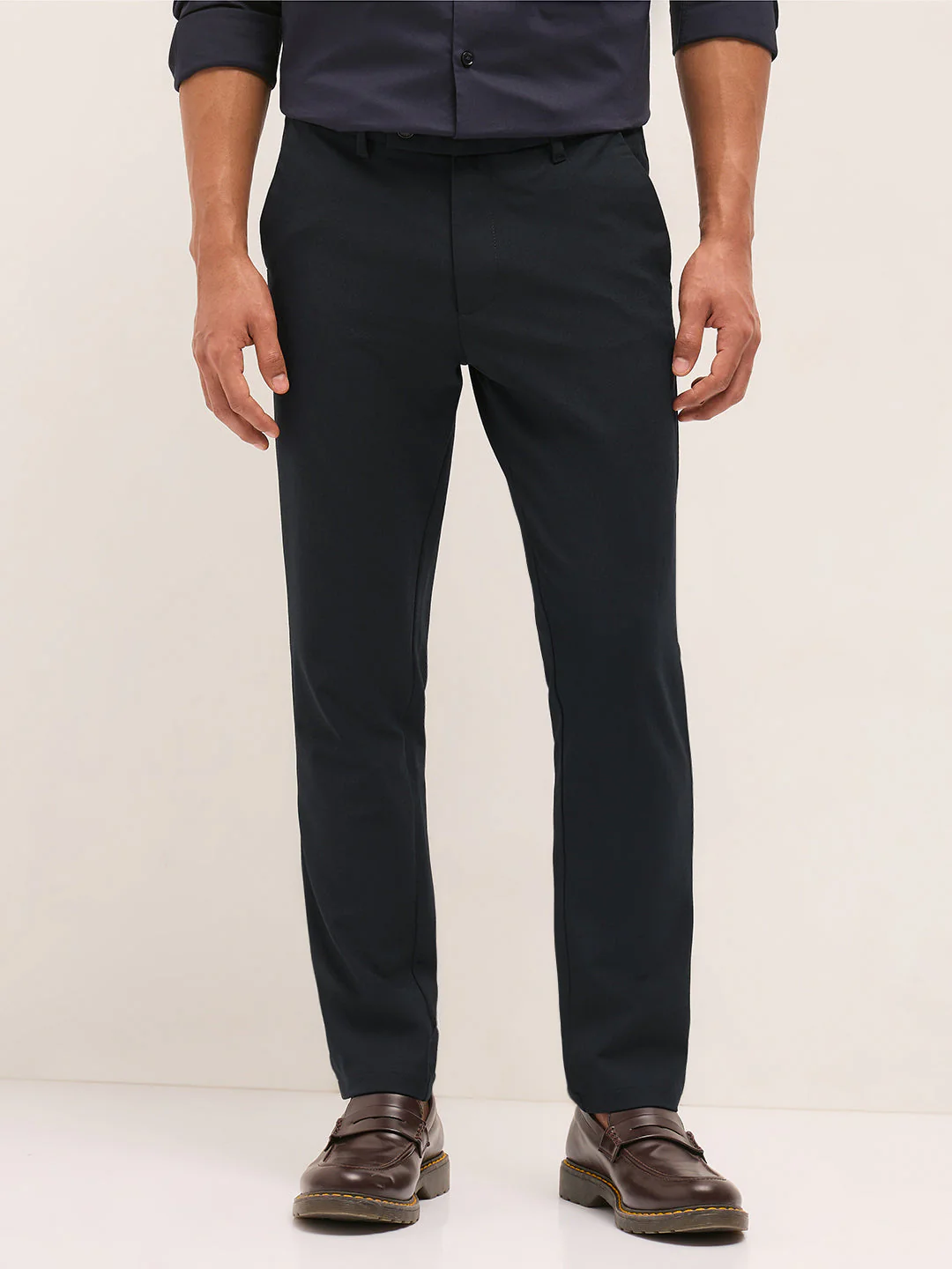Men Navy Blue Solid Polyester Blend Slim Fit Formal Trousers - Image 7