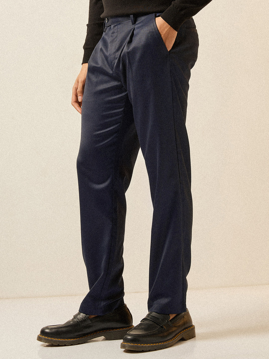 Men Navy Blue Solid Regular Fit Formal Trouser - Image 3