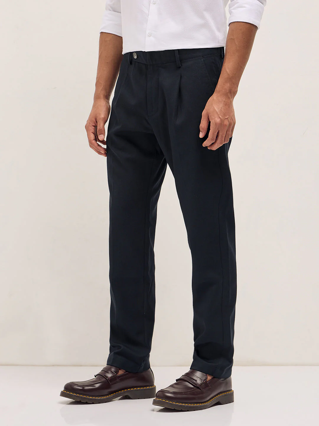 Men Navy Blue Solid Regular Fit Formal Trousers - Image 3