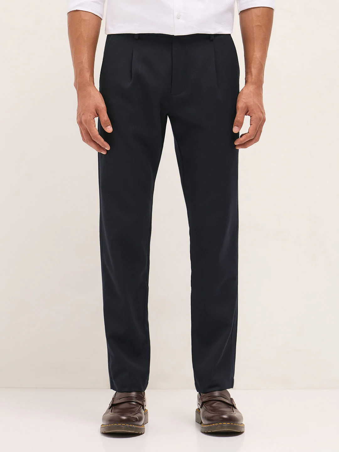 Men Navy Blue Solid Regular Fit Formal Trousers - Image 7