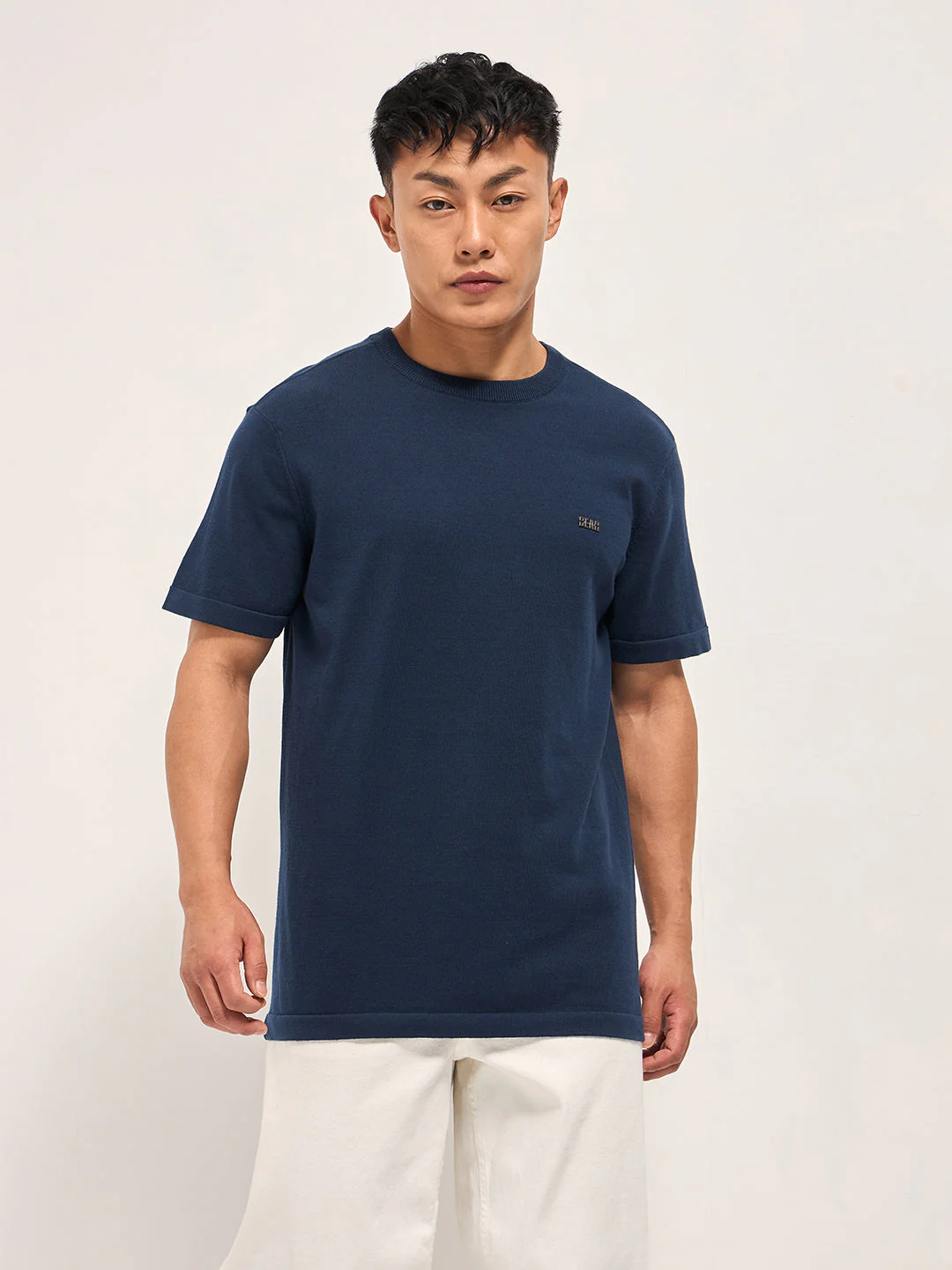 Men Navy Blue Solid Regular Fit Ribbed Crew Neck T-shirt - Image 6
