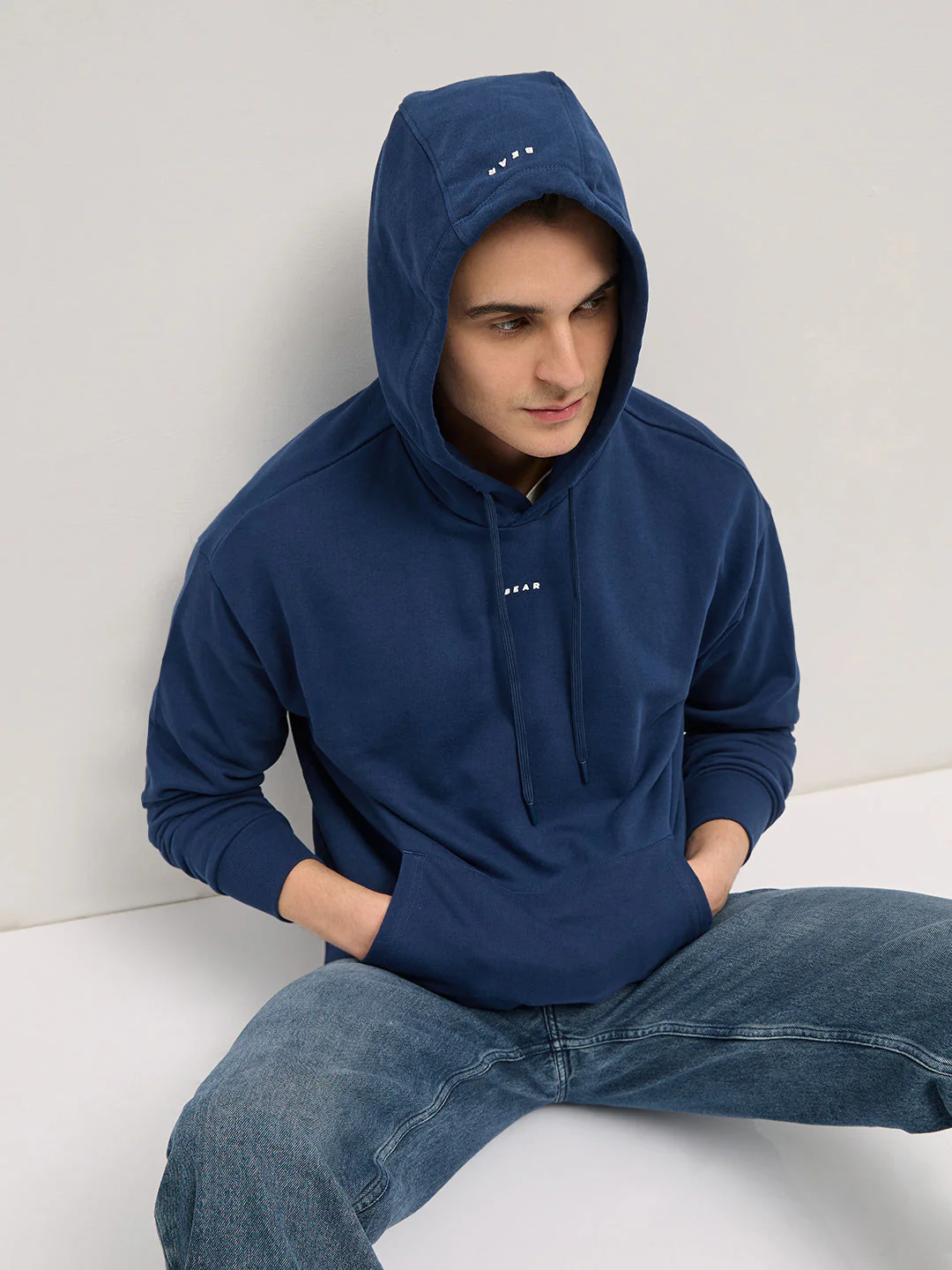 Men Navy Blue Solid Relax Fit Hoodie