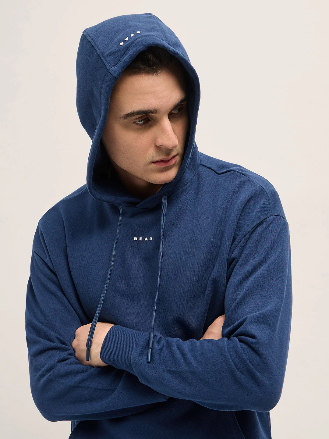 Men Navy Blue Solid Relax Fit Hoodie - Image 6