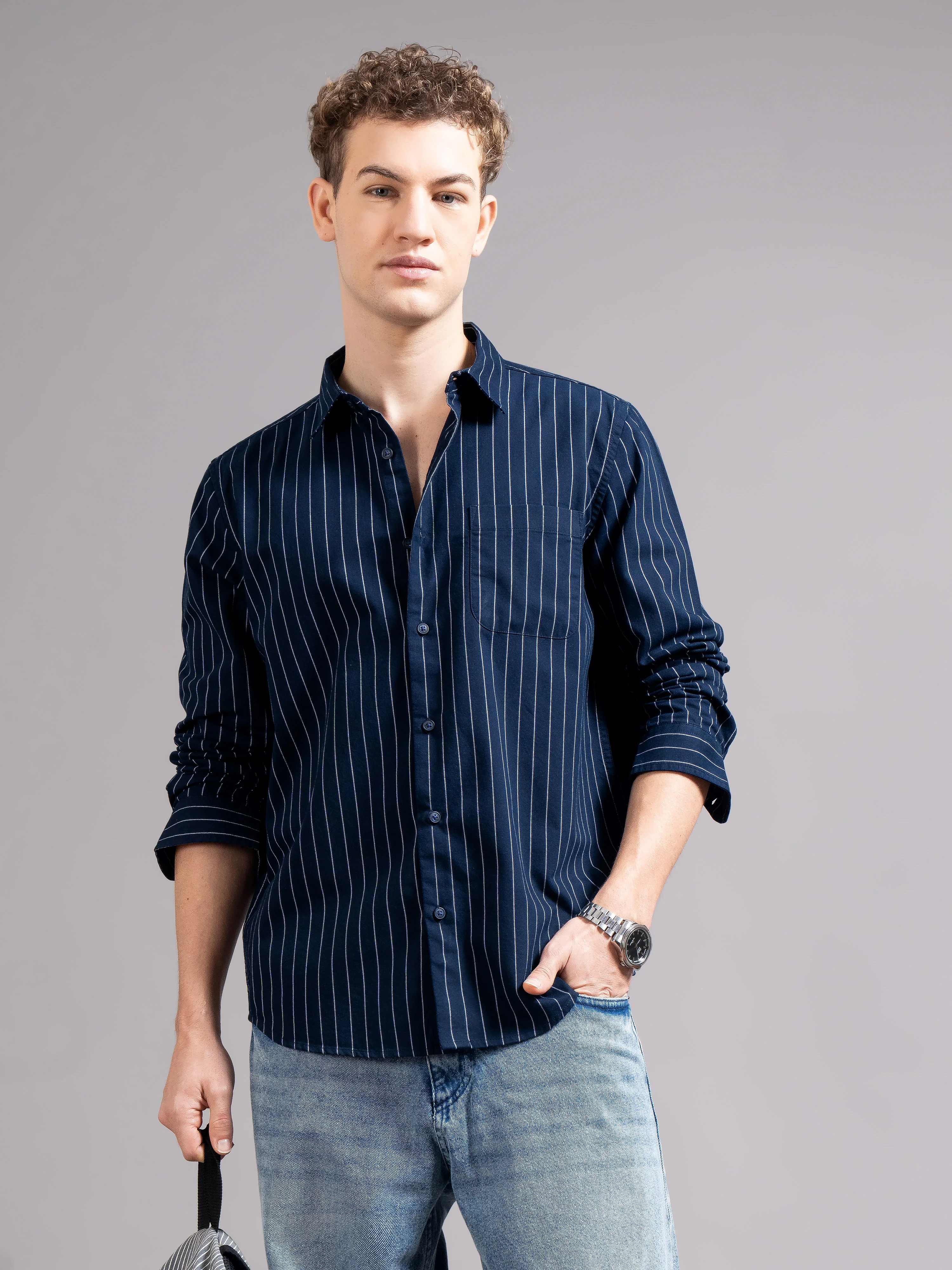 Men Navy Blue Striped Shirt - Image 2