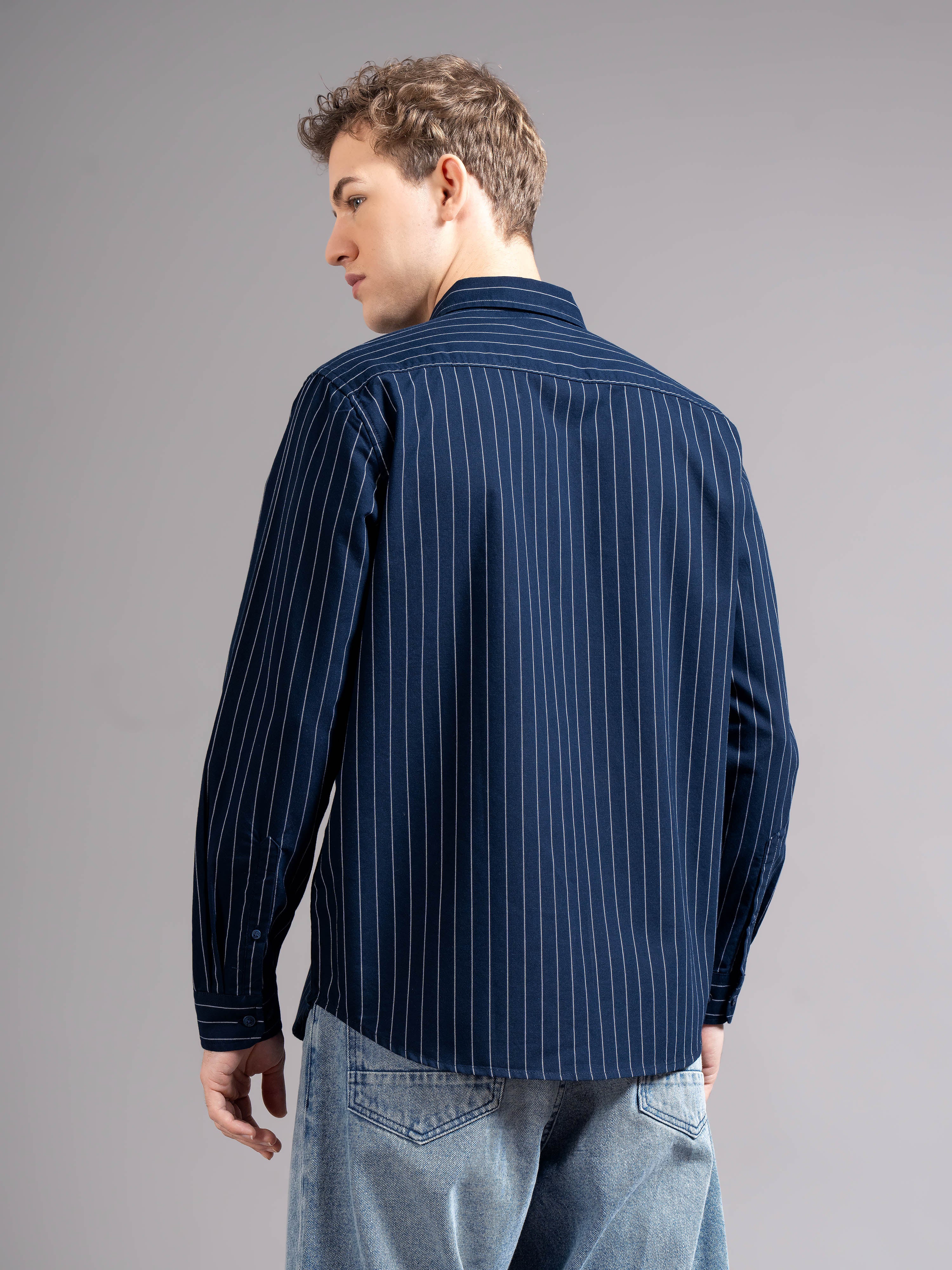 Men Navy Blue Striped Shirt - Image 3