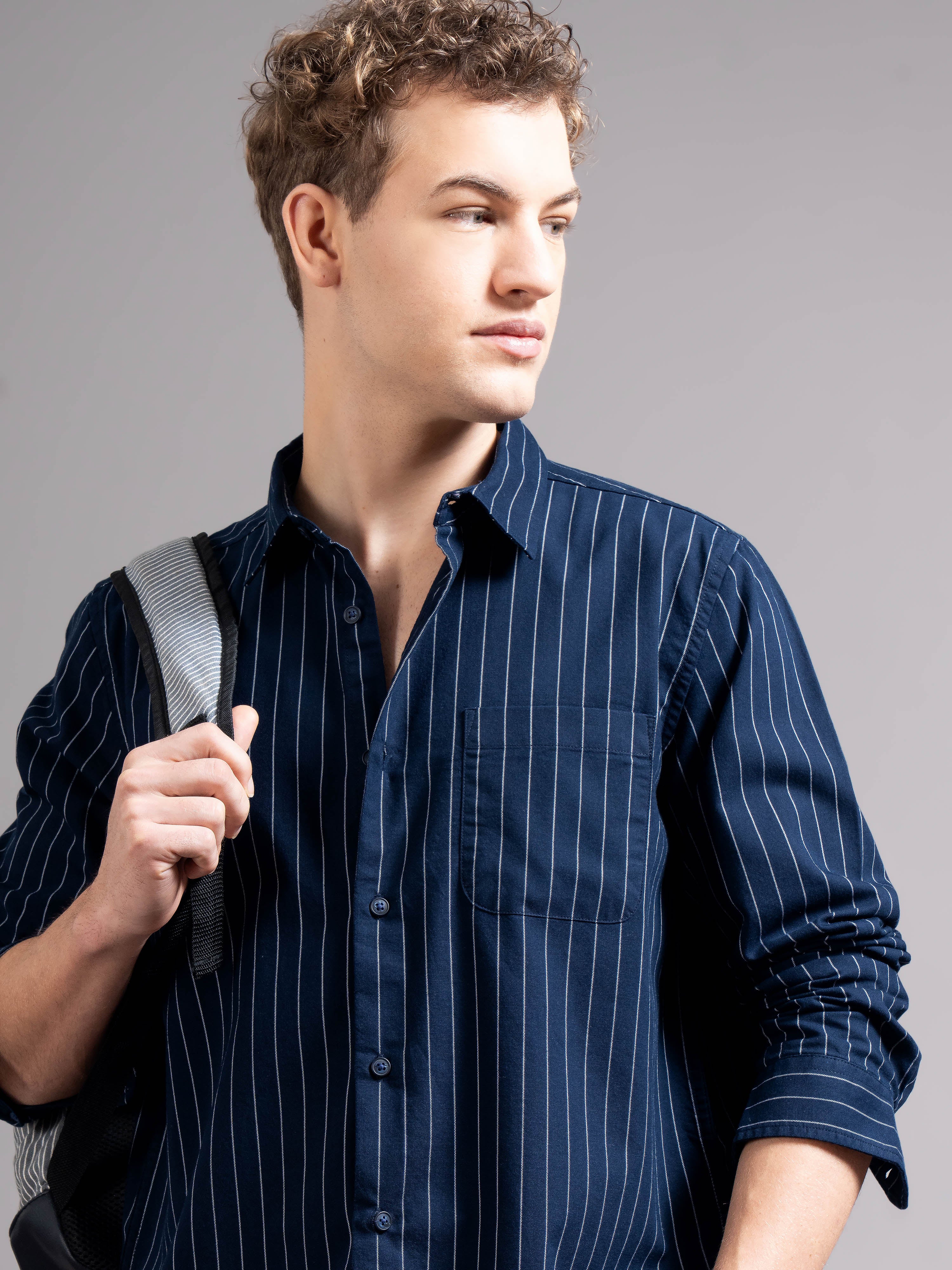 Men Navy Blue Striped Shirt - Image 5