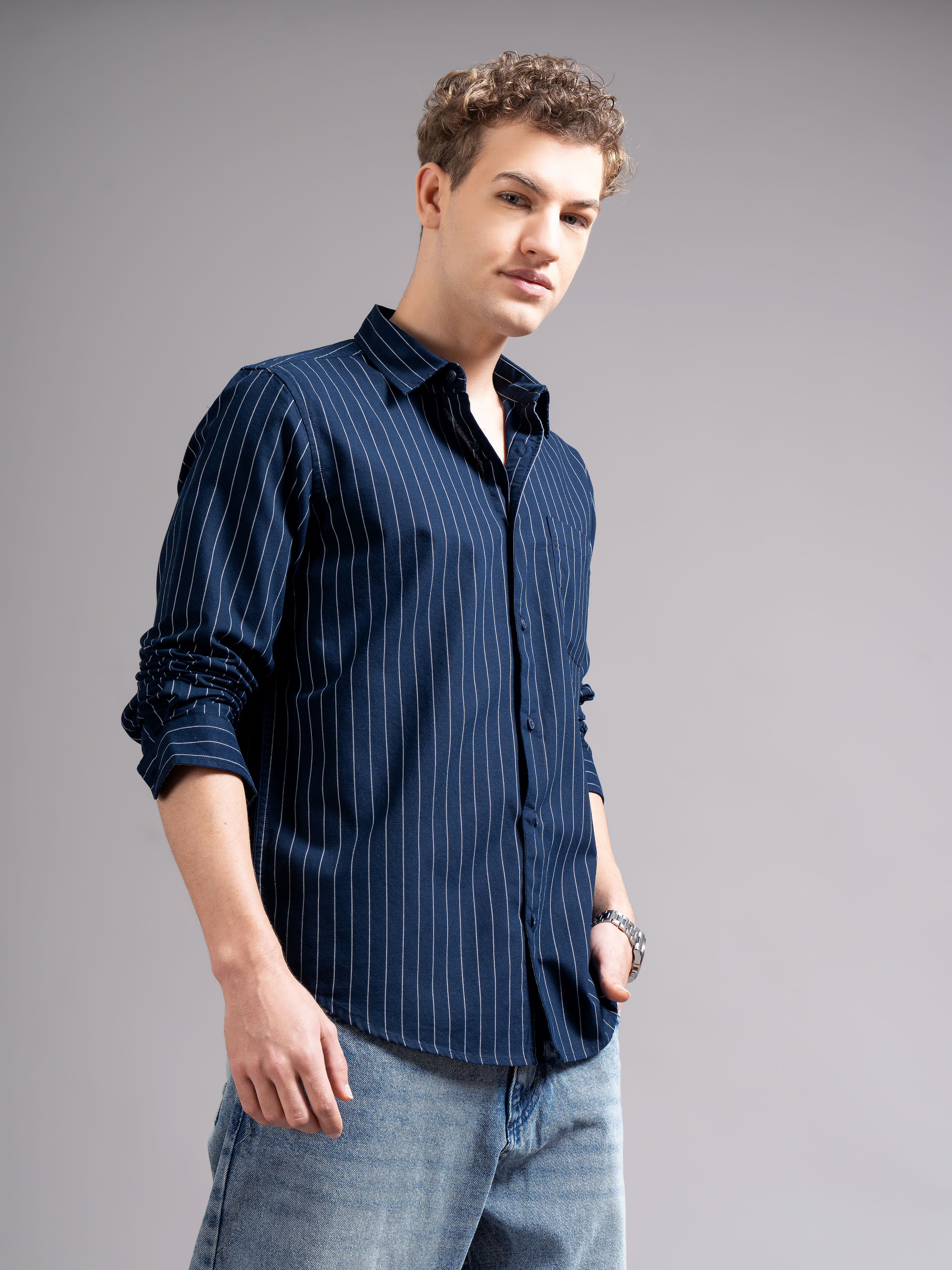 Men Navy Blue Striped Shirt - Image 6