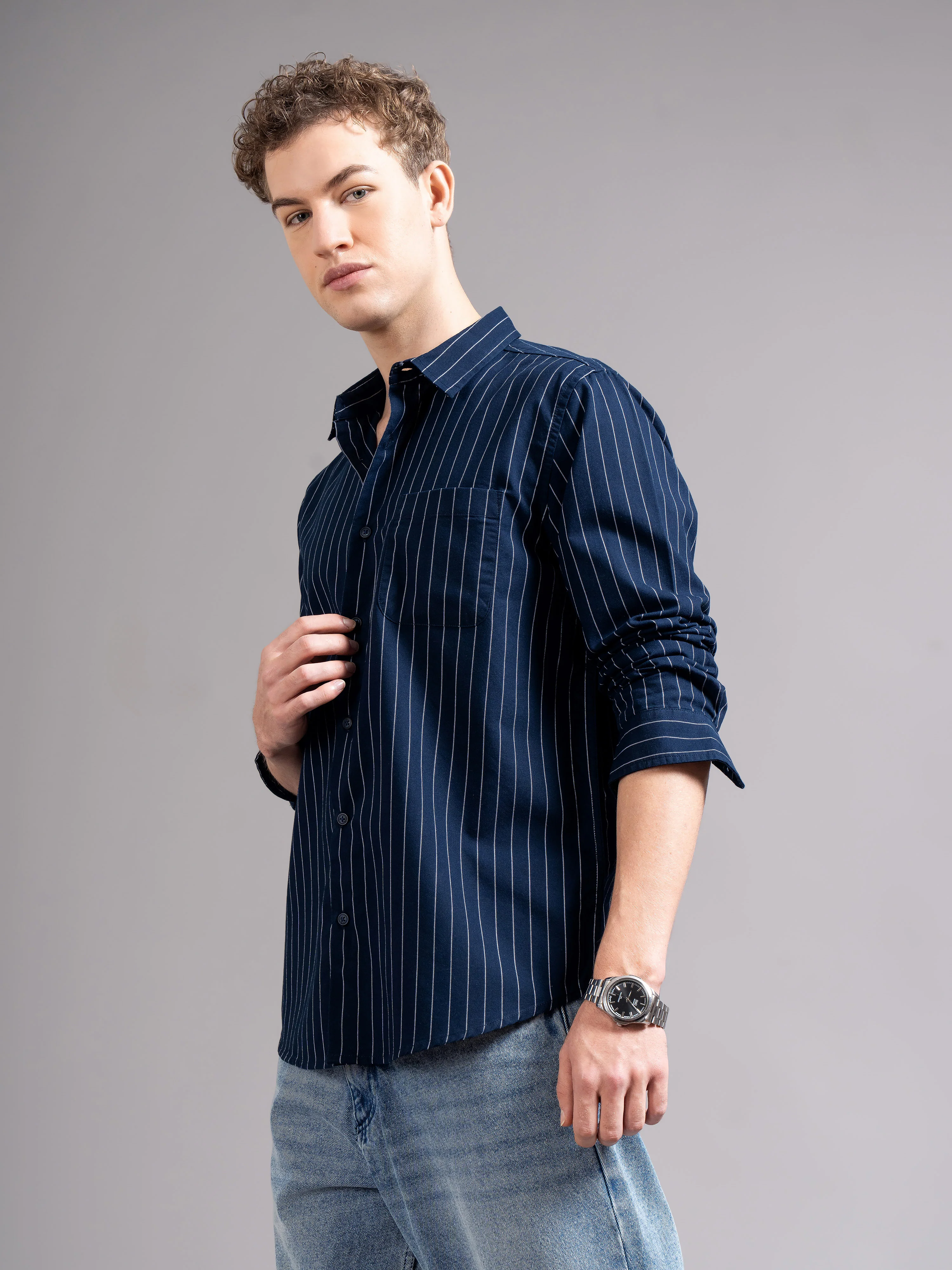 Men Navy Blue Striped Shirt - Image 8