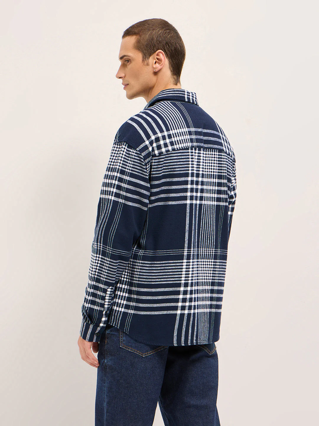 Men Navy Blue Tartan Checked Design Relaxed Fit Overshirt - Image 2