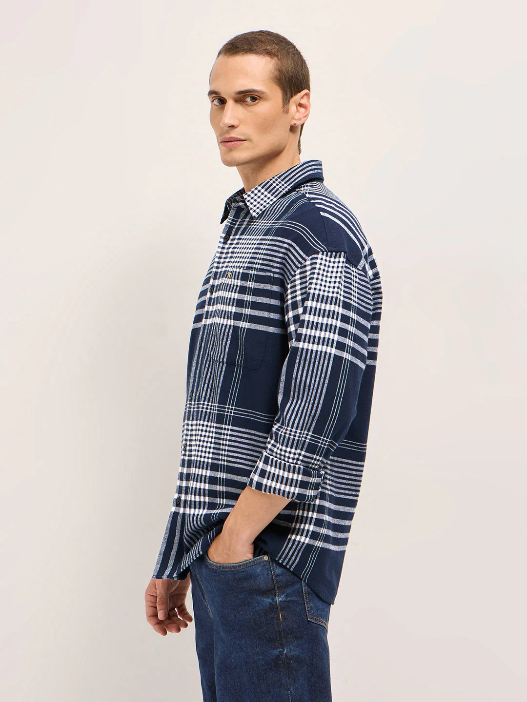 Men Navy Blue Tartan Checked Design Relaxed Fit Overshirt - Image 3