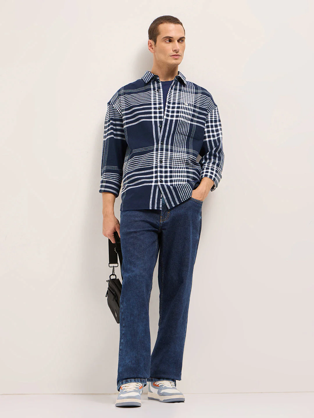Men Navy Blue Tartan Checked Design Relaxed Fit Overshirt - Image 4