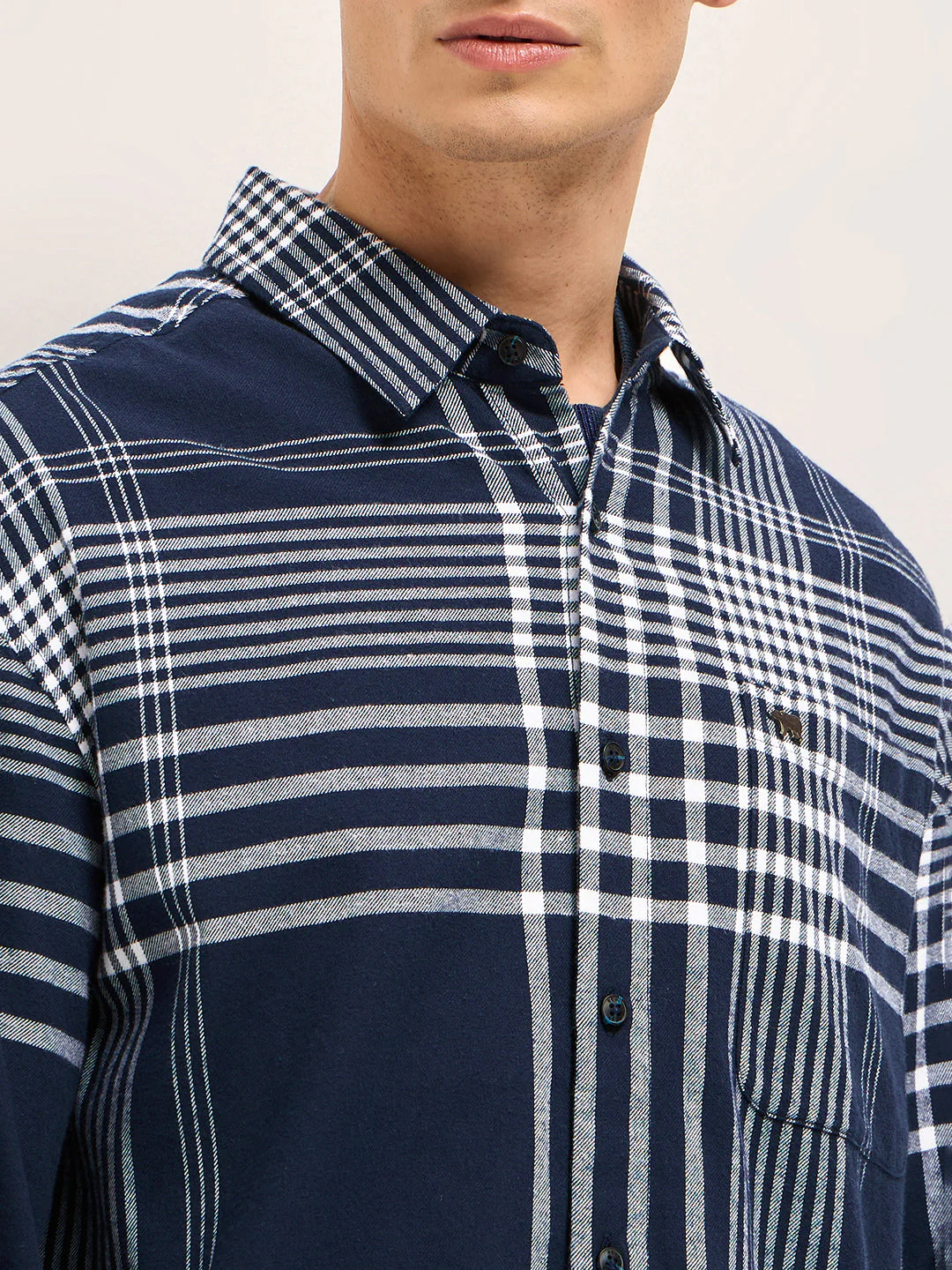Men Navy Blue Tartan Checked Design Relaxed Fit Overshirt - Image 5