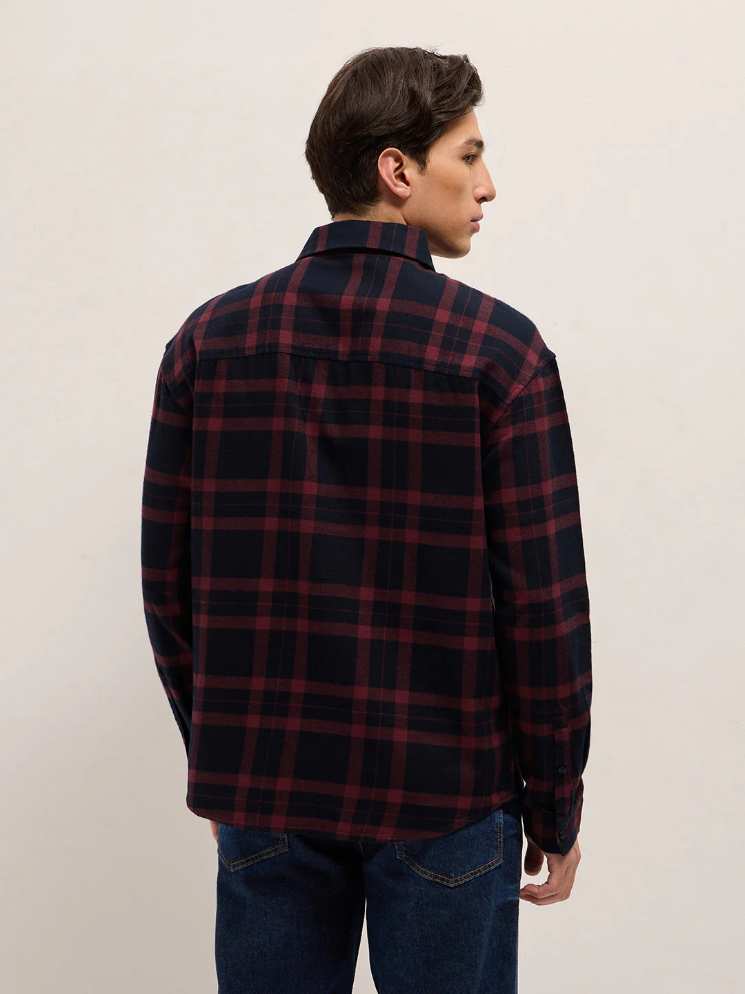 Men Navy Blue Tartan Checked Design Relaxed Fit Overshirt - Image 2
