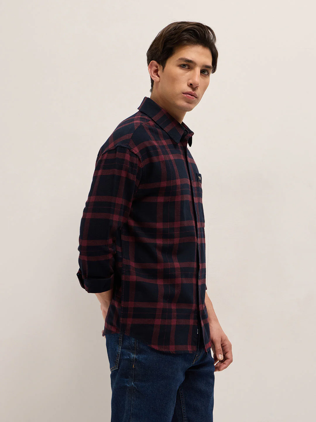 Men Navy Blue Tartan Checked Design Relaxed Fit Overshirt - Image 3