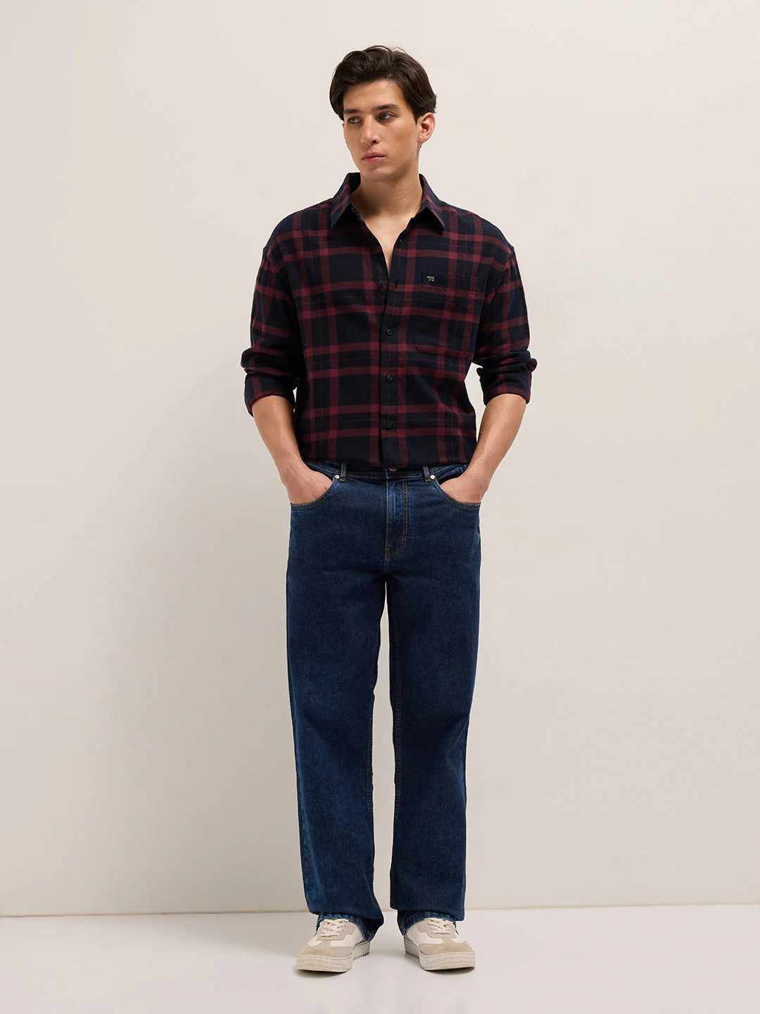 Men Navy Blue Tartan Checked Design Relaxed Fit Overshirt - Image 4