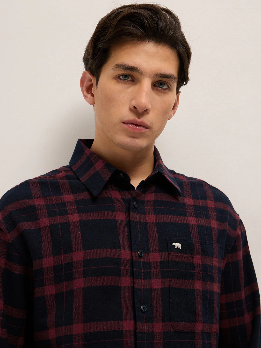 Men Navy Blue Tartan Checked Design Relaxed Fit Overshirt - Image 5