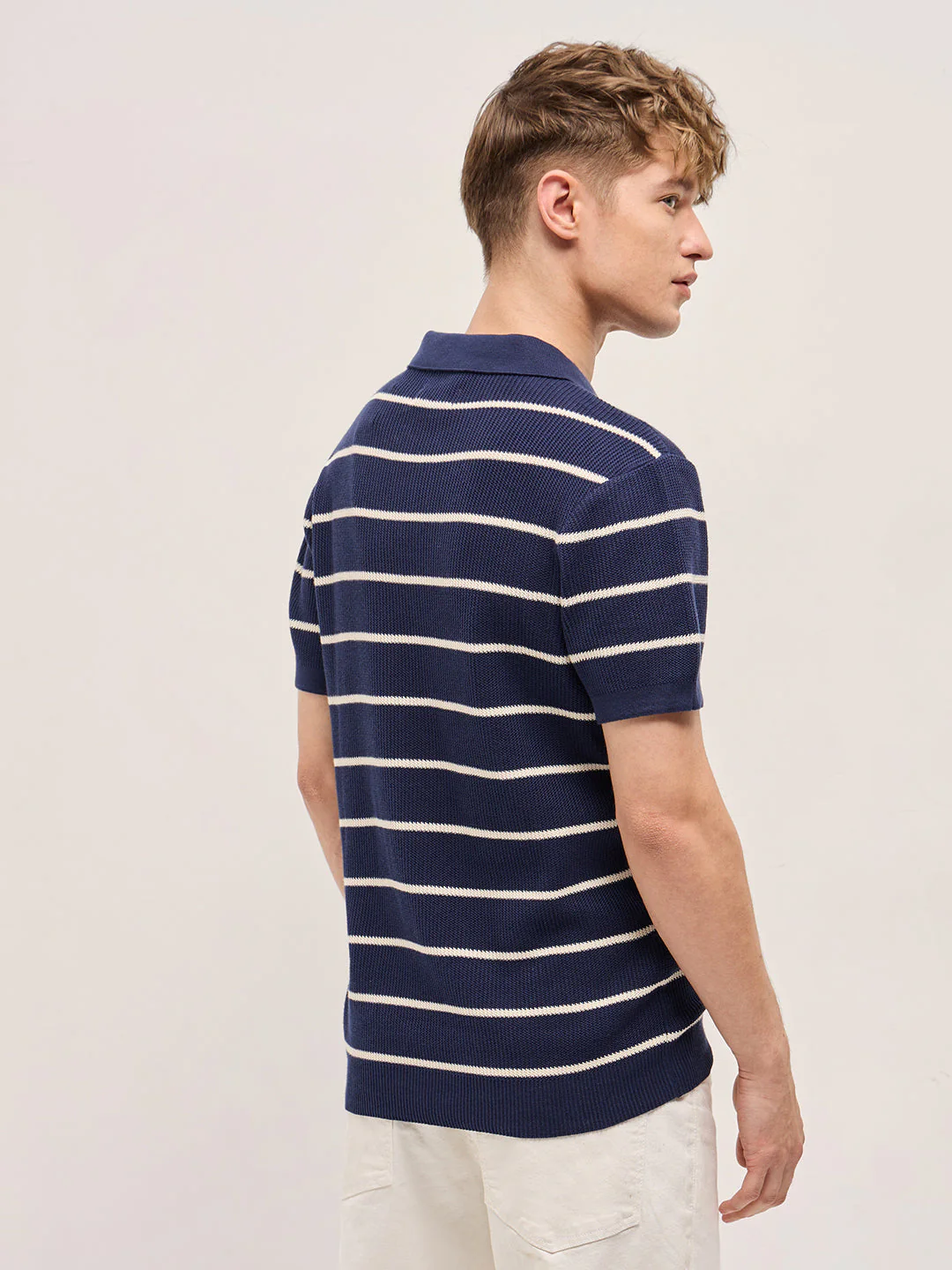 Men Navy Blue Texture Horizontal Stripes Slim Fit Polo - Image 2