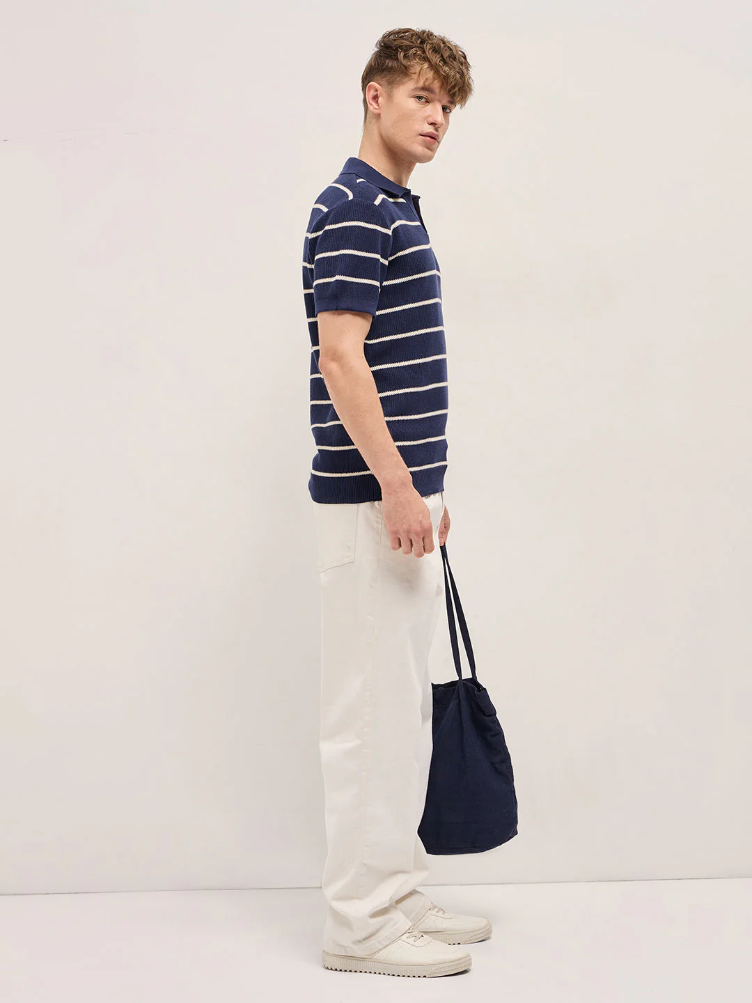 Men Navy Blue Texture Horizontal Stripes Slim Fit Polo - Image 3