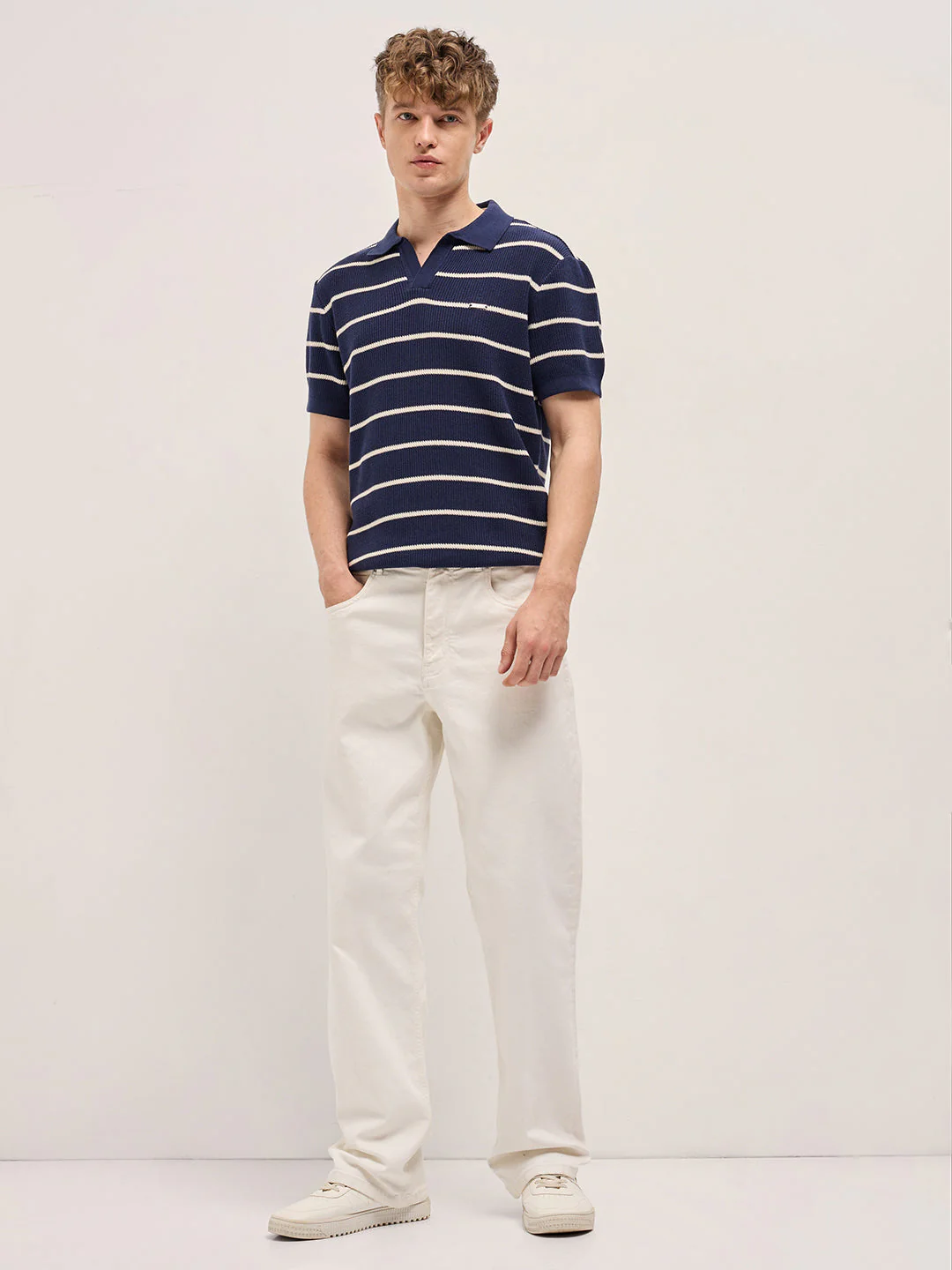 Men Navy Blue Texture Horizontal Stripes Slim Fit Polo - Image 4