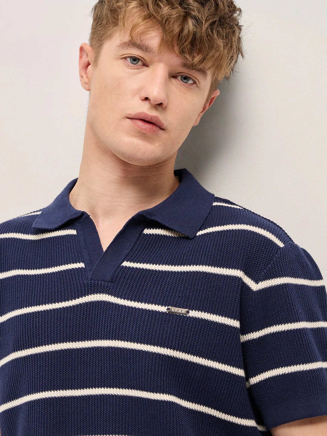 Men Navy Blue Texture Horizontal Stripes Slim Fit Polo - Image 5