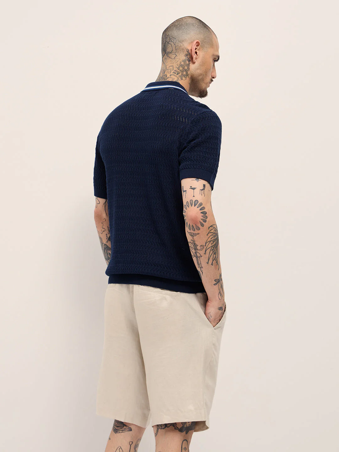 Men Navy Blue Textured Knit Design Regular Fit Polo - Image 2