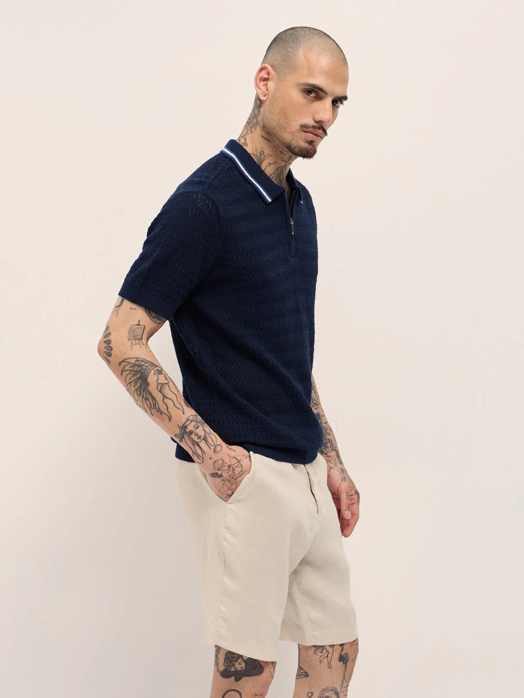 Men Navy Blue Textured Knit Design Regular Fit Polo - Image 3