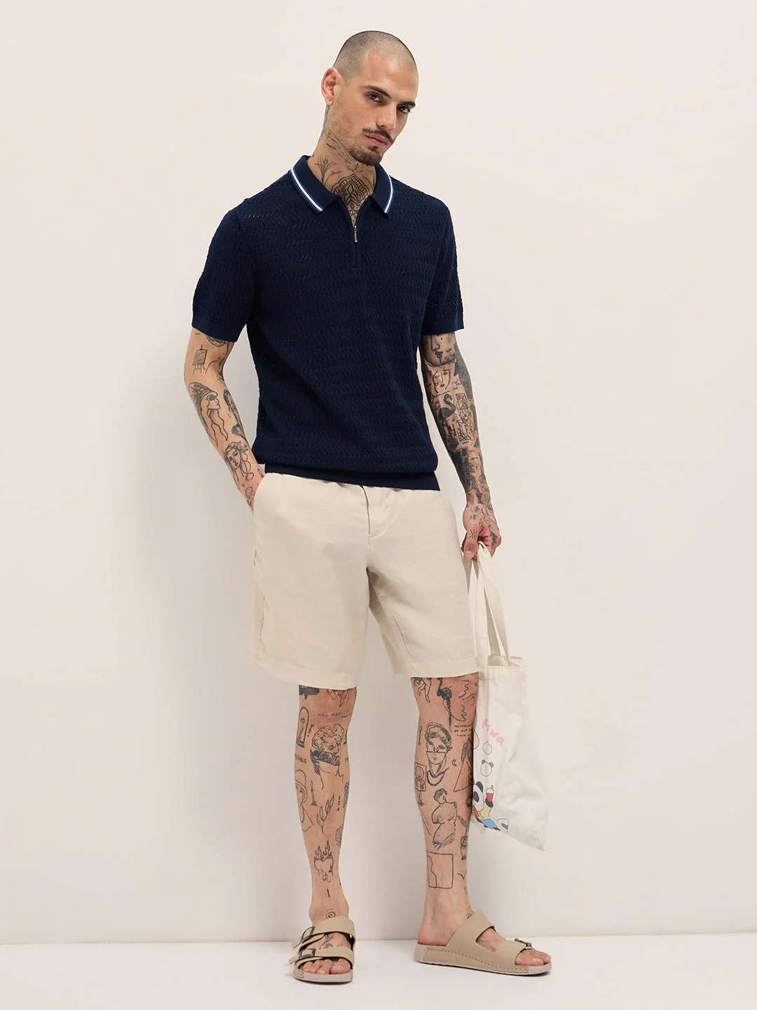 Men Navy Blue Textured Knit Design Regular Fit Polo - Image 4