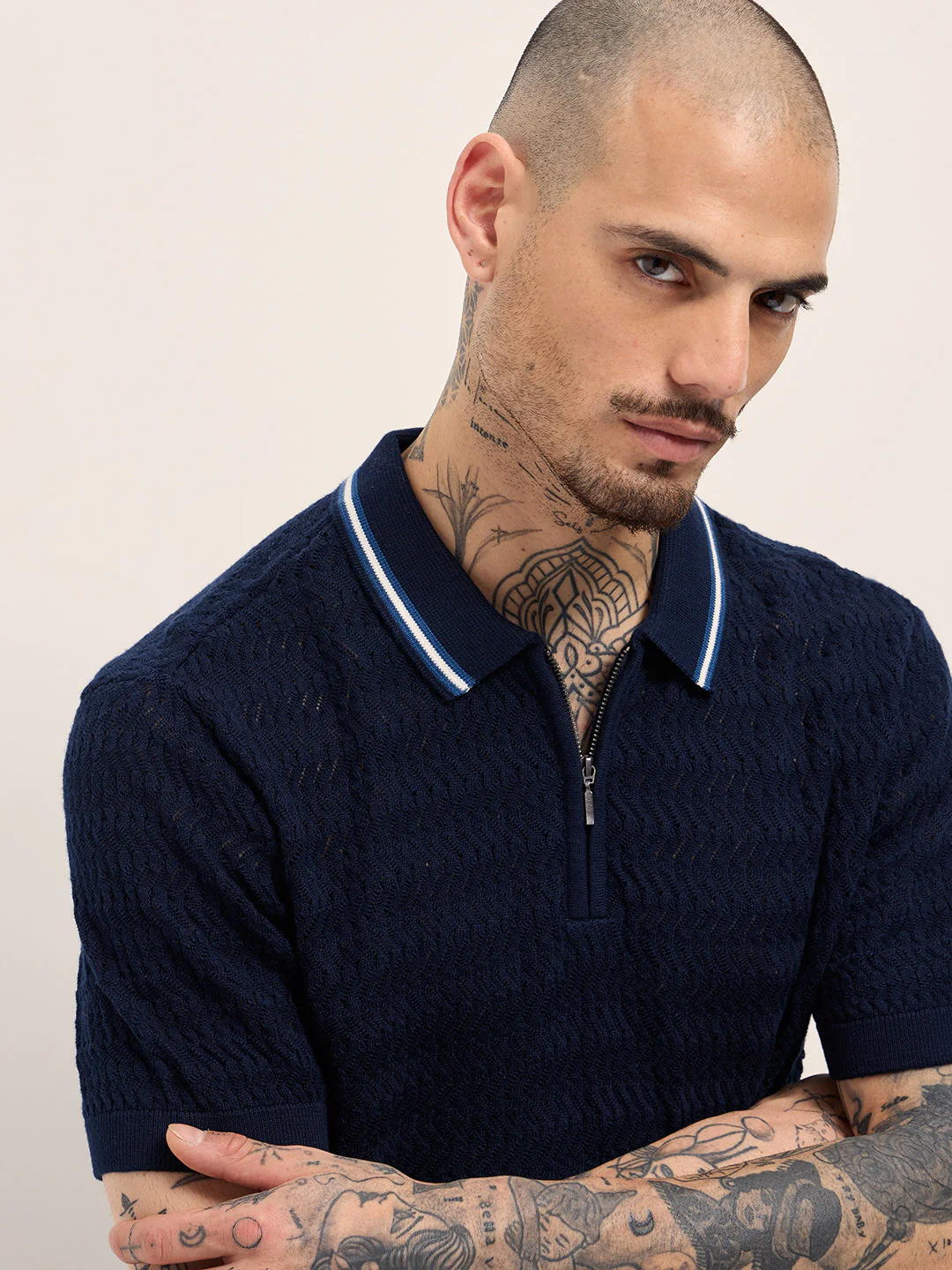 Men Navy Blue Textured Knit Design Regular Fit Polo - Image 5