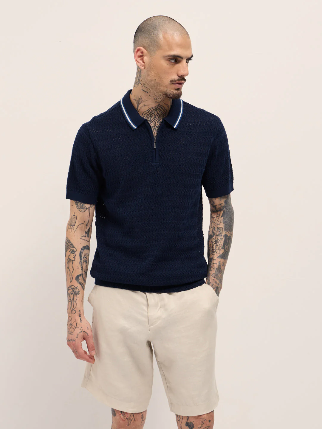 Men Navy Blue Textured Knit Design Regular Fit Polo - Image 6