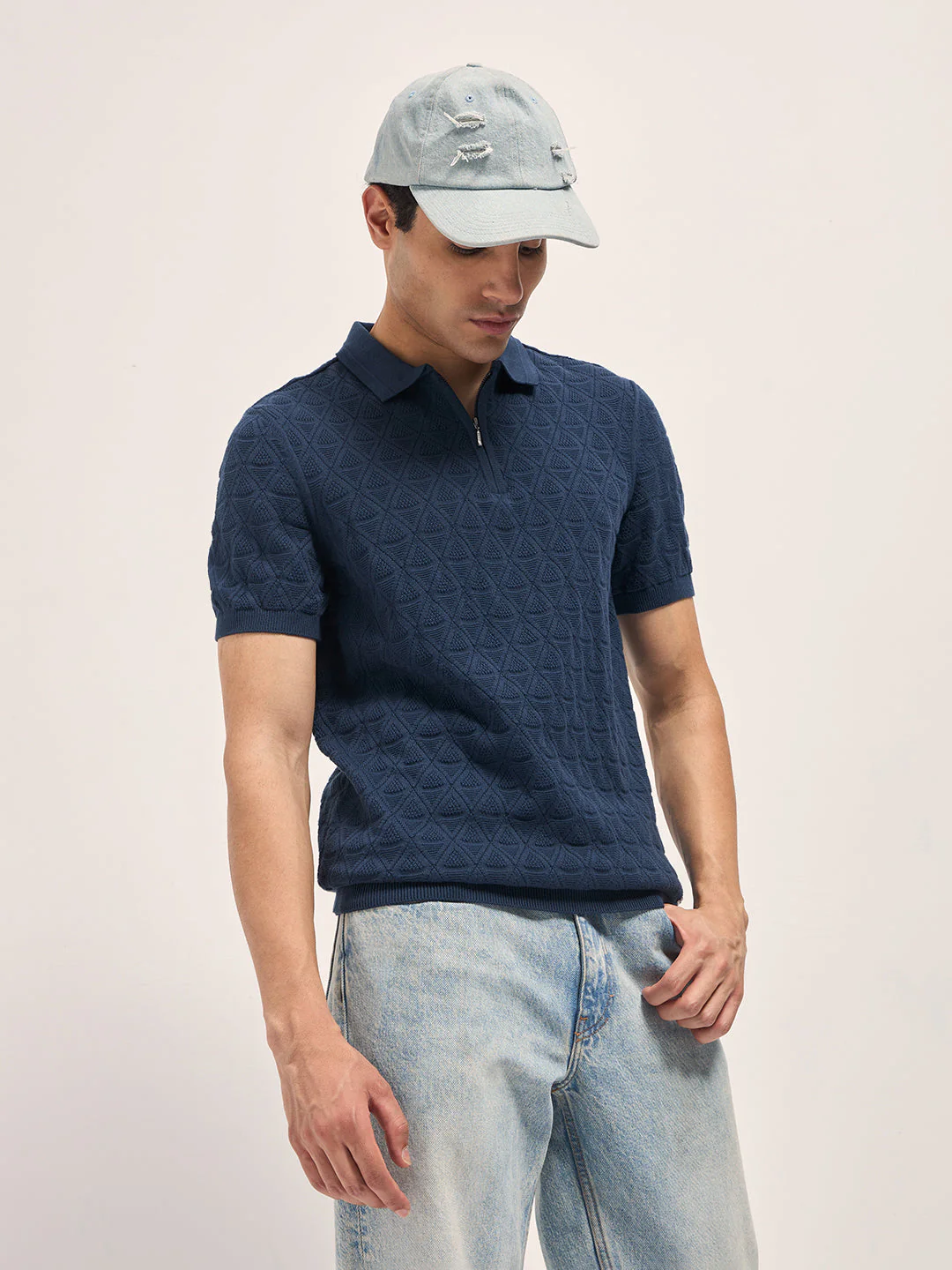 Men Navy Blue Textured Knit Design Regular Fit Polo