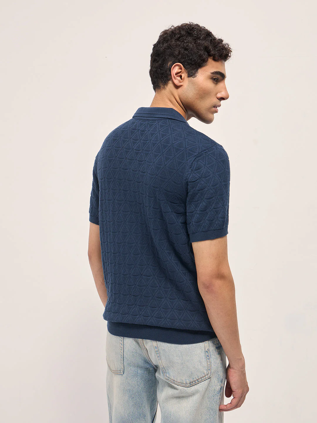 Men Navy Blue Textured Knit Design Regular Fit Polo - Image 2