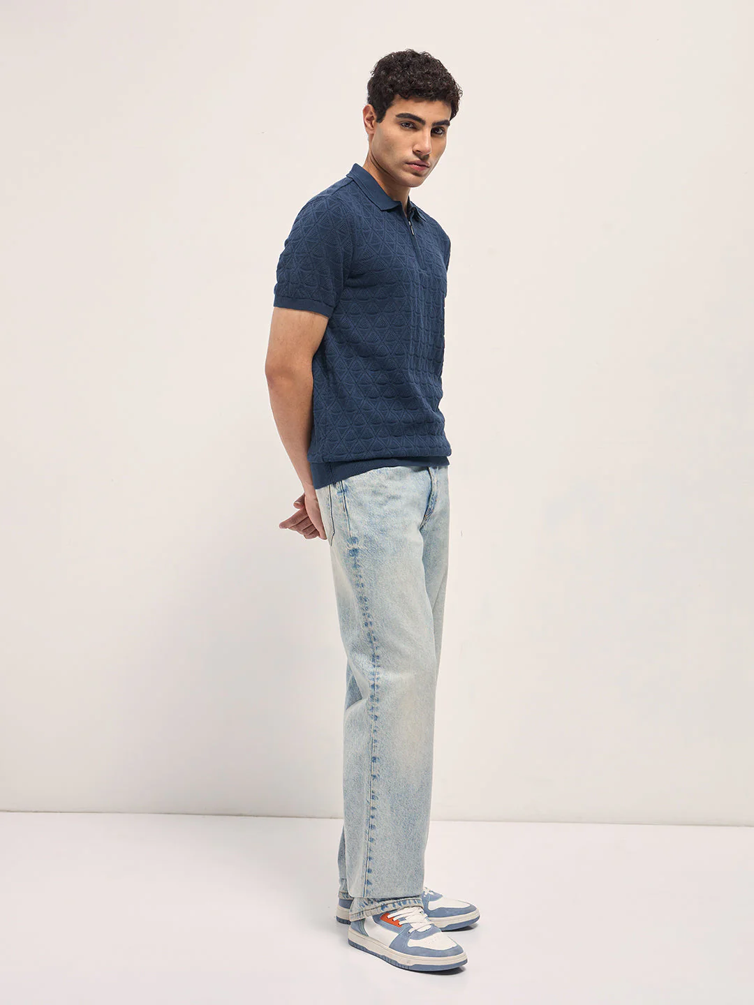 Men Navy Blue Textured Knit Design Regular Fit Polo - Image 3